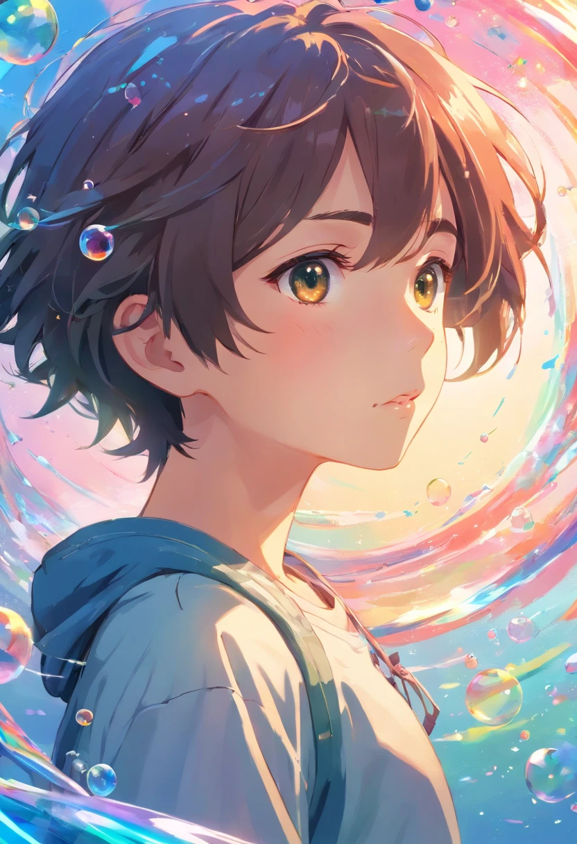 Xingqiu (masterpiece), (best quality), (ultra detailed),(disheveled hair),(illustration), (1boy), beautifuldetailedeyes,delicate beautiful face,Floating,(high saturation),(colorful splashes),colorful bubble,(shining),focus on face