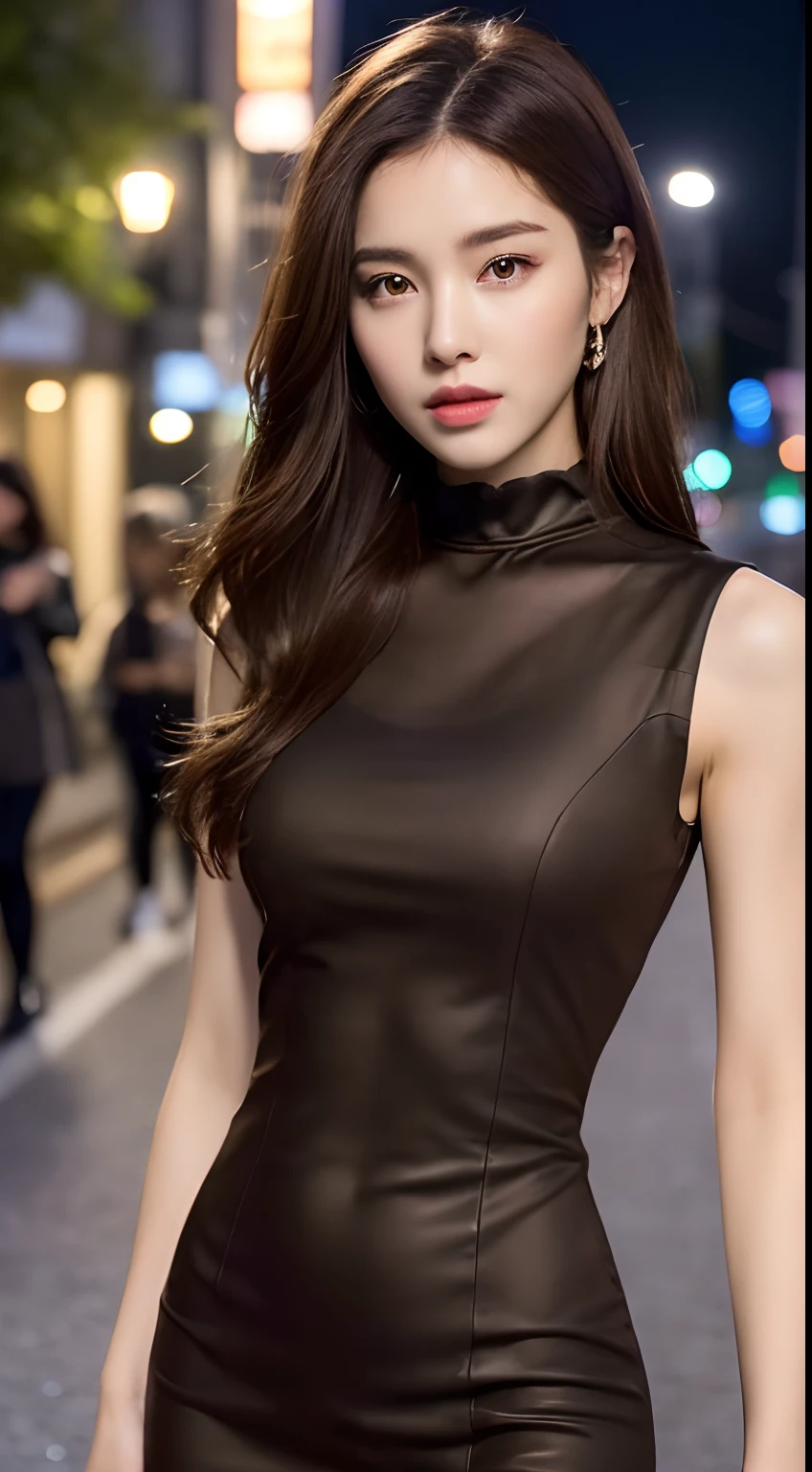 ((top-quality、8K、masterpiece:1.3)), full body Esbian, long legged, sharp focus:1.2, Beautiful woman with perfect body shape:1.4, Slender Abs:1.1), Highly detailed facial and skin texture, A detailed eye, Colossal 、Black tight and sexy dress、City at night、A sexy、Wheat-toned skin、Immersive depiction、a picture、thick thight、Walking、big butts、Gray eyes、Erotic、large golden earrings、Have a clutch bag