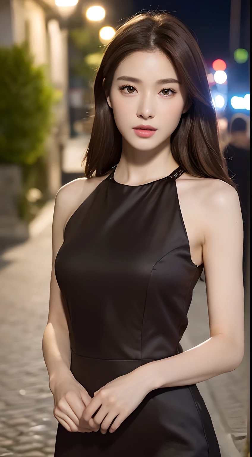 ((Realistic lighting, Best quality, 8K, Masterpiece: 1.3)), Focus: 1.2, 1girl, Perfect Body Beauty: 1.4, Slim Abs: 1.1, ((Dark Brown Hair)), (Aqua Dress: 1.4), (Outdoor, Night: 1.1), City Street, Super Fine Face, Fine Eyes, Double Eyelids,