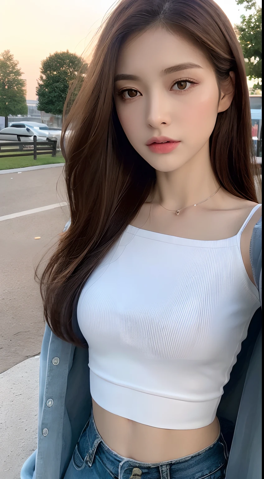 ((Realistic lighting, Best quality, 8K, Masterpiece: 1.3)), Clear focus: 1.2, 1girl, Perfect beauty: 1.4, Slim abs: 1.1, ((Dark brown hair)), (White crop top: 1.4), (Outdoor, Night: 1.1), Park view, Super fine face, Fine eyes, Double eyelids,