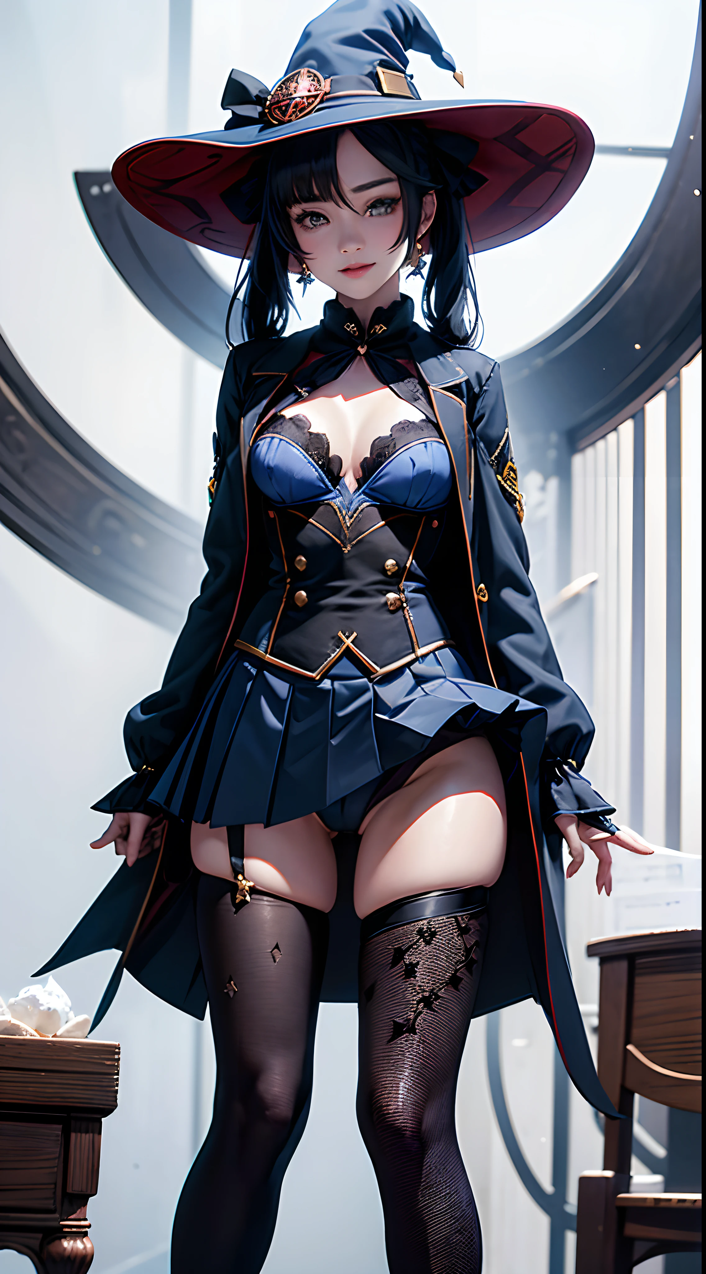 Mona(genshin impact), extremely detailed, 1 girl,snowy, winter,(((blue leotard, black embroidery))),(((Black trench coat))),realistic anime, 4k, wallpaper, smiling,wide hips, full body, black hairs, small breasts, cleavage cutout, visible naval, see through,((( study room))), (((skirt lift))), visible cameltoe, ((stockings)),(((long twin pigtails))), ((witch hat))