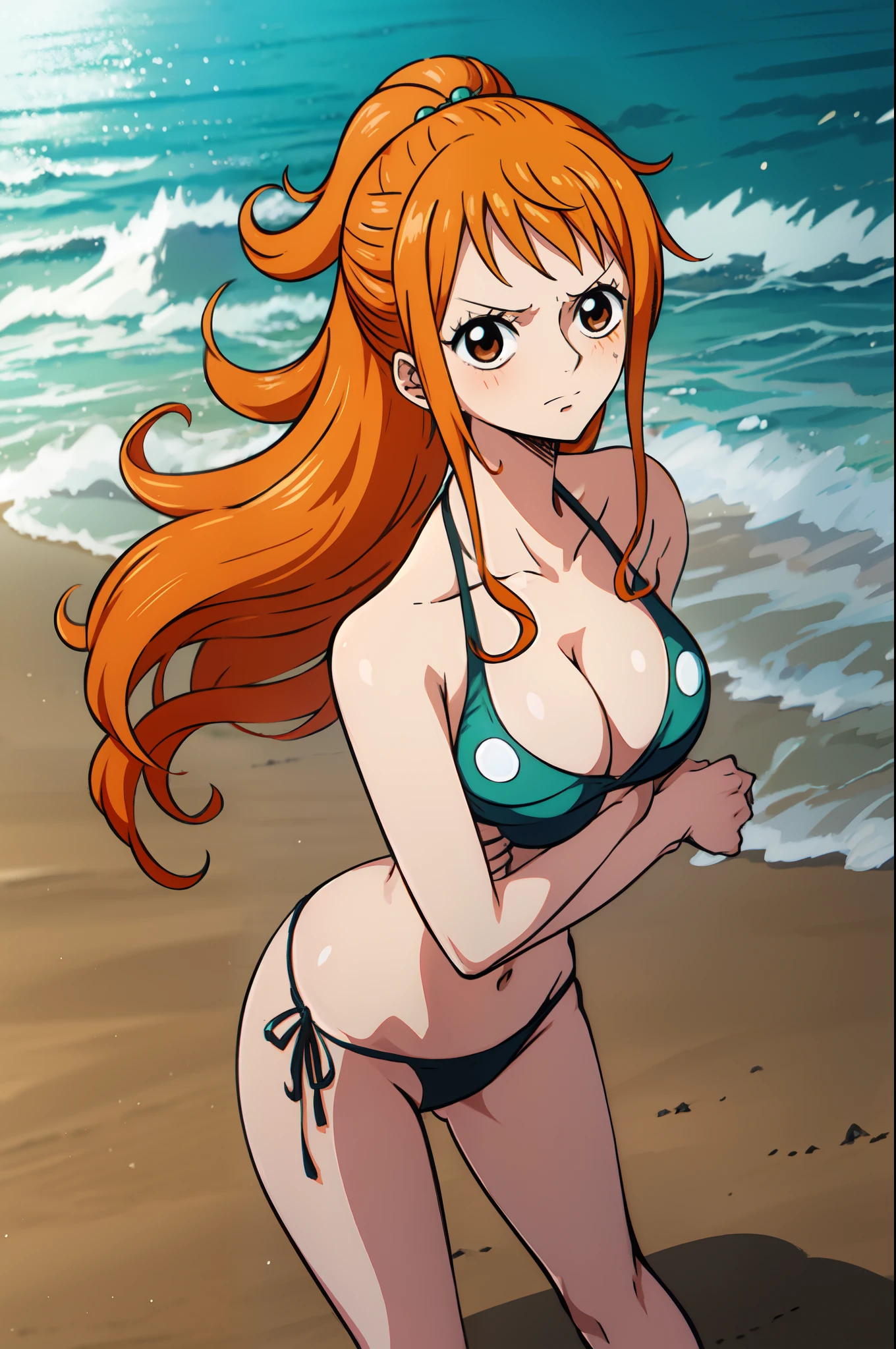 (ANIME ART STYLE),Nami from one piece, brown eyes, orange long ponytail hair, blushing, wearing black bikini, standing on beach,(NSFW).
