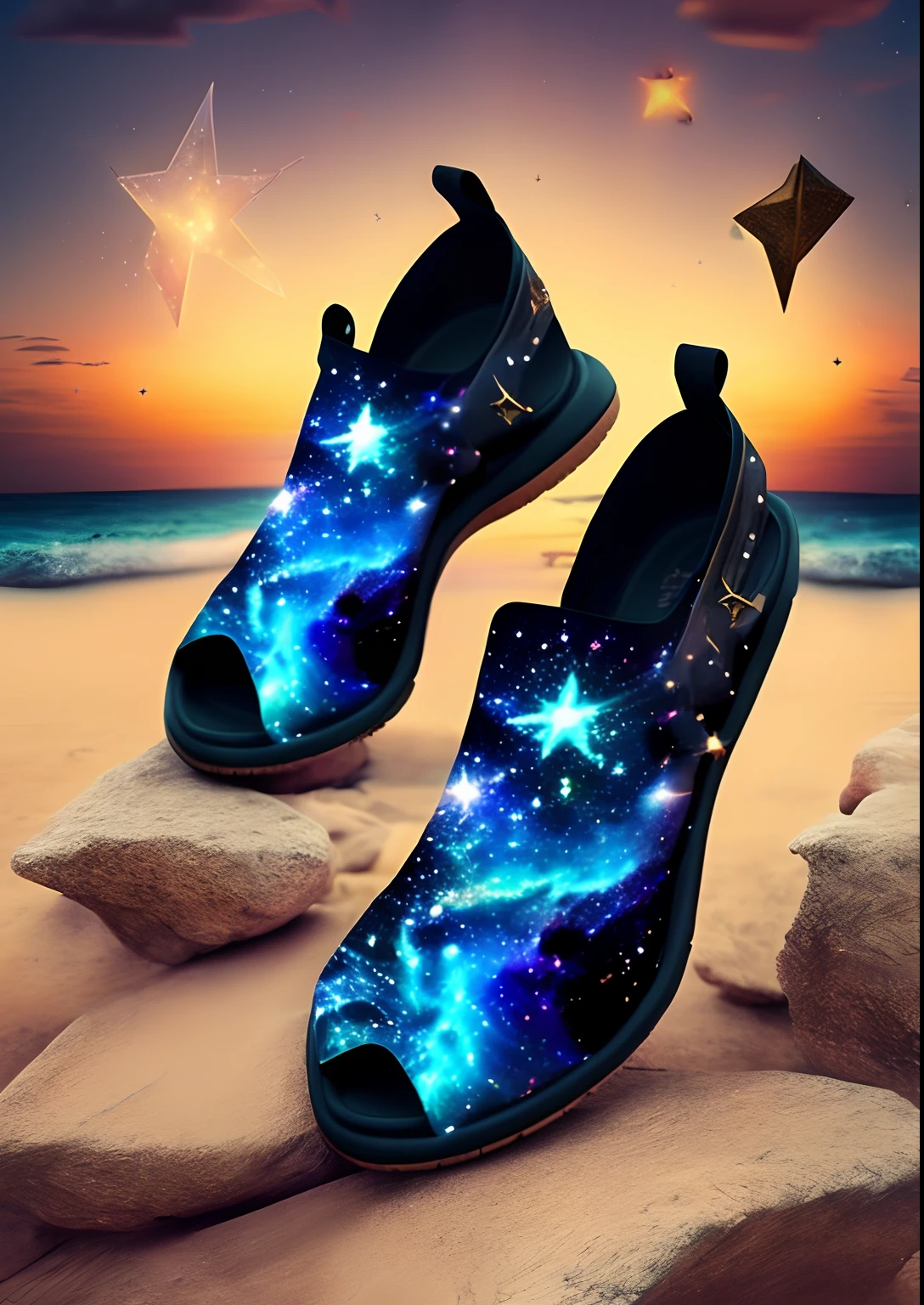dreamlikeart, galaxy, outer space, nebula, star, [cyberpunked] Sandals from the stars (star:1.5),