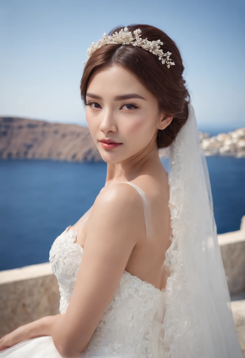 1 beautiful girl, East Asian woman, (realism: 1.3) Santorini, front (blue sea), white wedding dress, wedding decoration, masterpiece, diffuse soft light, (portrait), best quality, ( Perfect facial part: 1.4), ultra-realistic high details, complex realistic simulation style photos, movie lighting, elegant poses, (close-up)