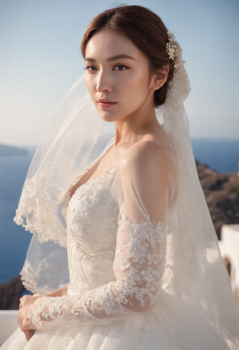 1 beautiful girl, East Asian woman, (realism: 1.3) Santorini, front (blue sea), white wedding dress, wedding decoration, masterpiece, diffuse soft light, (portrait), best quality, ( Perfect facial part: 1.4), ultra-realistic high details, complex realistic simulation style photos, movie lighting, elegant poses, (close-up)