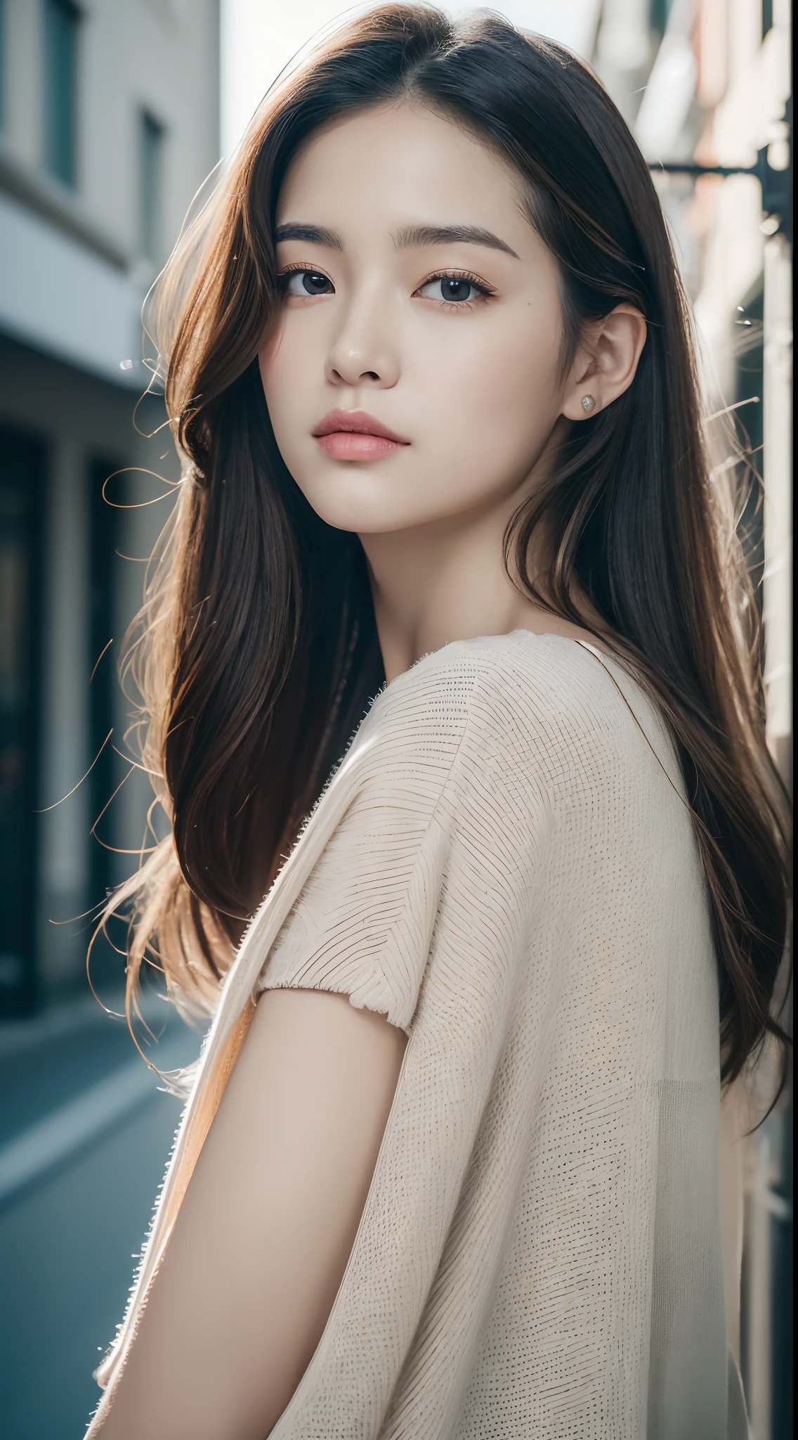 (Masterpiece:1.3), (8K, Photorealistic, Raw photography, Best Quality:1.4), (1girl), kpop girl looks at her watch while looking at one of the street signs, in the style of light orange and dark crimson, 32k uhd, ferrania p30, coastal scenery, oshare kei, traditional chinese, rollei prego 90, Beautiful face, Realistic face, Beautiful hairstyle, Realistic eyes, Beautiful, Realistic skin, Beautiful skin