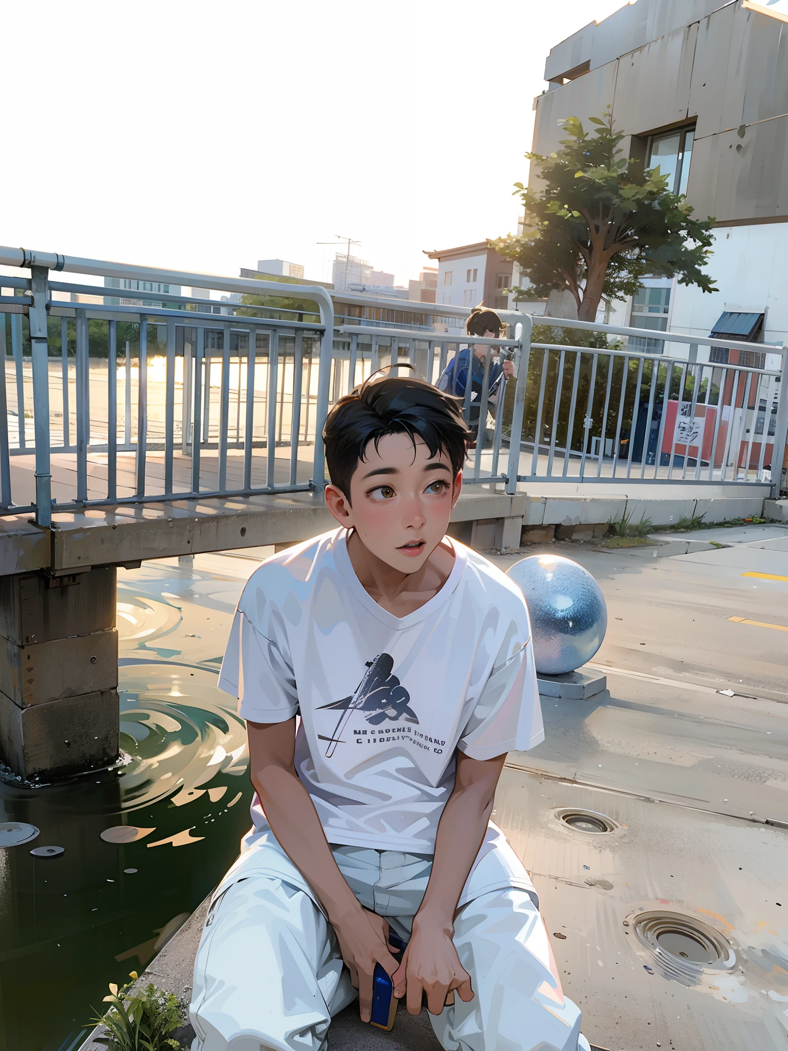 The boy sits on a bench，Hold a skateboard and drinks, shoun, Sit on the railing, A city in the distance，Sky clouds, , Cai Xukun, , extreme low angle long shot, Stylish clothing style,, With sunset, 独奏，exteriors，buliding，​​clouds，sitted，城市，siluette，view over city ，Colorful，Detail enhancement，Original text HD，8K。