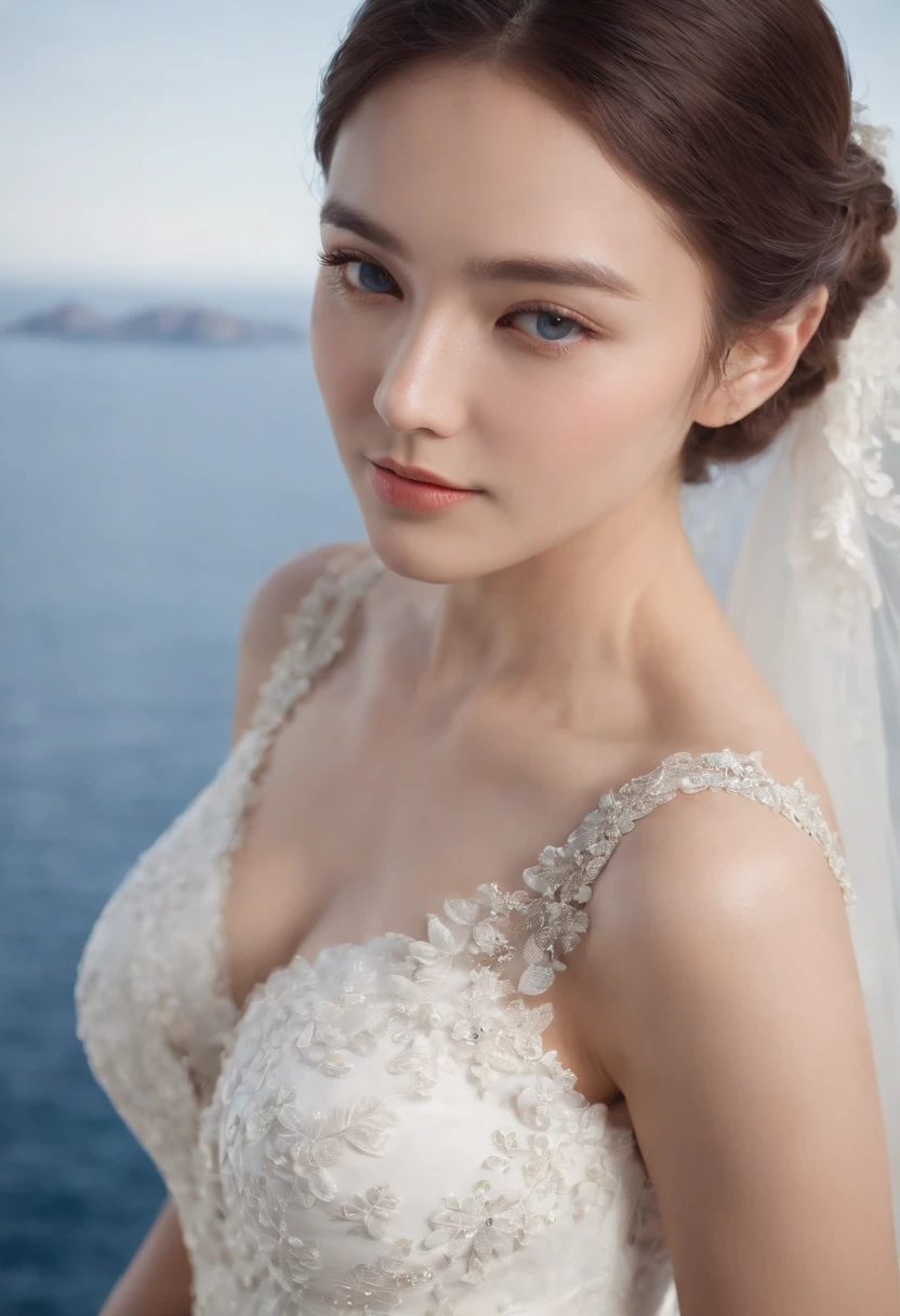 1 beautiful girl, Korean star, (realism: 1.3) Santorini, front (blue sea), white wedding dress, wedding decoration, masterpiece, diffuse soft light, (portrait), best quality, ( Perfect facial part: 1.4), ultra-realistic high details, complex realistic simulation style photos, movie lighting, elegant posture, (close-up)