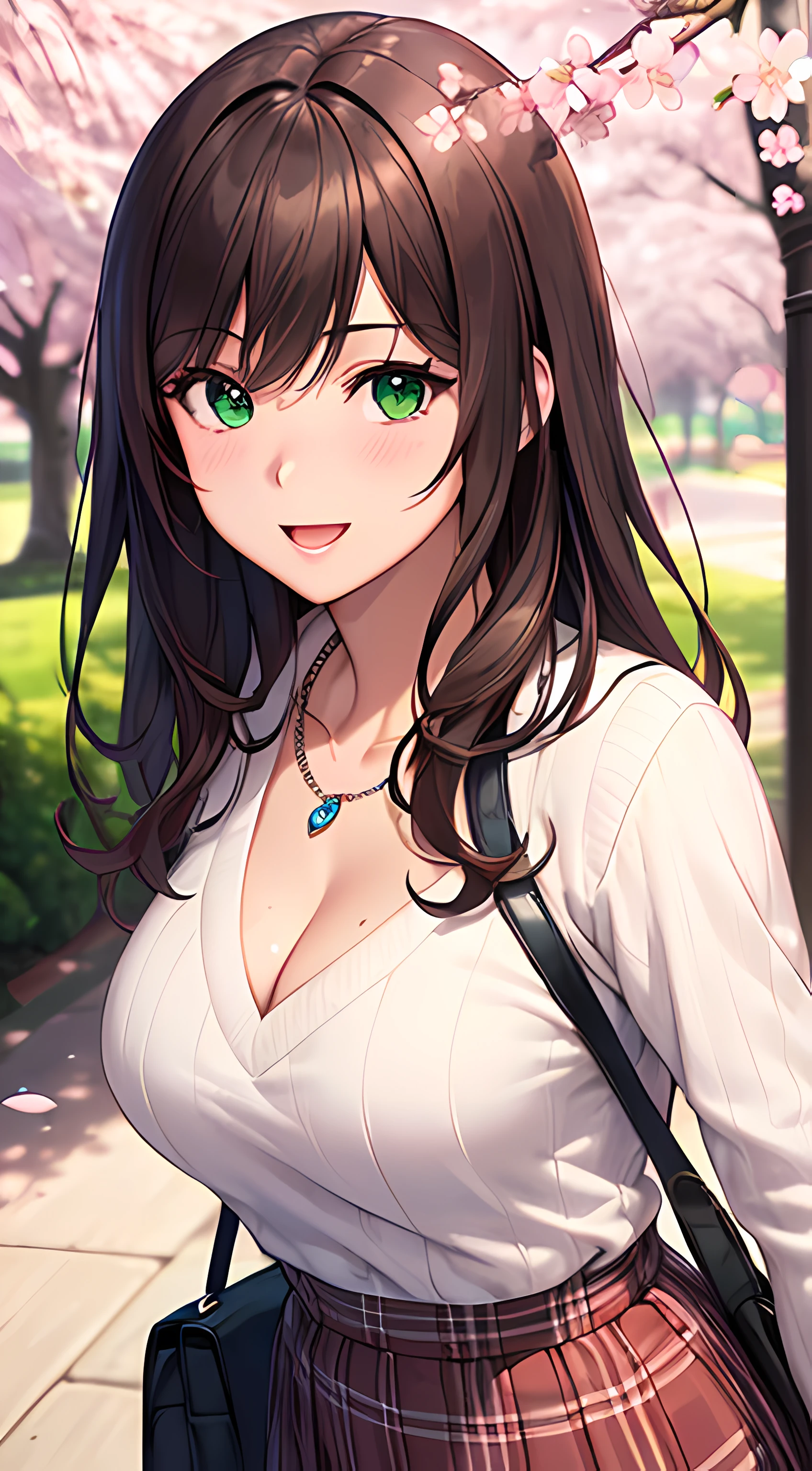 ((masutepiece, Best Quality, hight resolution, nffsw, Perfect Pixel, depth of fields, 4K, nffsw, nffsw))), 1girl in, Single, Solo, Beautiful anime girl, Beautiful Art Style, Anime Character, ((Long hair, Bangs, Brown hair)), ((Green eyes:1.4, rounded eyes, Beautiful eyelashes, Realistic eyes)), ((Detailed face, Blushing:1.2)), ((Smooth texture:0.75, Realistic texture:0.65, Photorealistic:1.1, Anime CG style)), ((medium breasts, cleavage, busty)), Dynamic Angle, Perfect body, ((POV, Selfie Pose, Portrait)), ((White sweater, Long sleeve, Black skirt, plaid skirts, Fashionable, 1 handbag, 1 diamond necklace)), Smile, Open mouth, amusement park, ((The cherry tree, Cherry blossoms fall))