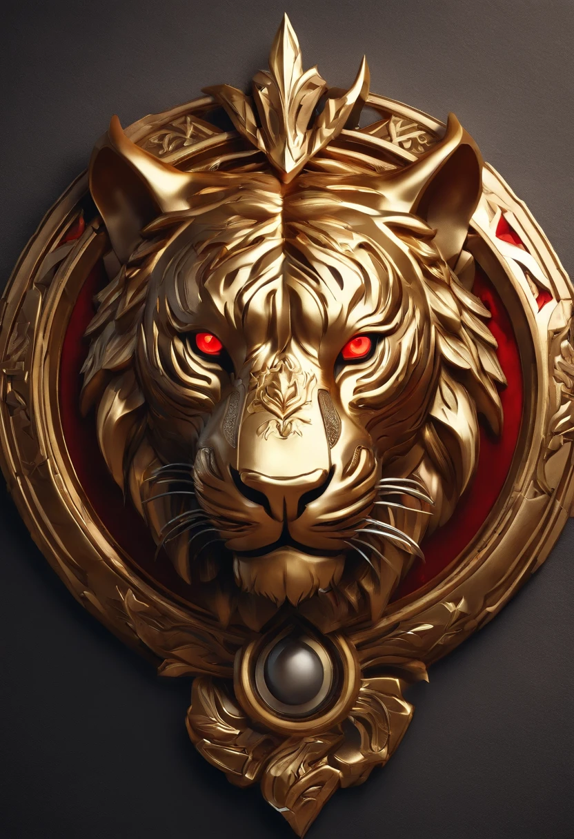 Game medallion with metal tiger head closeup with crown,Close-up of dragon head,hearthstone art style, Hearthstone style art, hearthstone concept art, Riot game concept art, style of league of legends, iconic character splash art, League of Legends crown,Game badge,Surrounding metal feathers,Red gold,c4d渲染,Less detail,less detailing,Huge metal tiger head in the middle