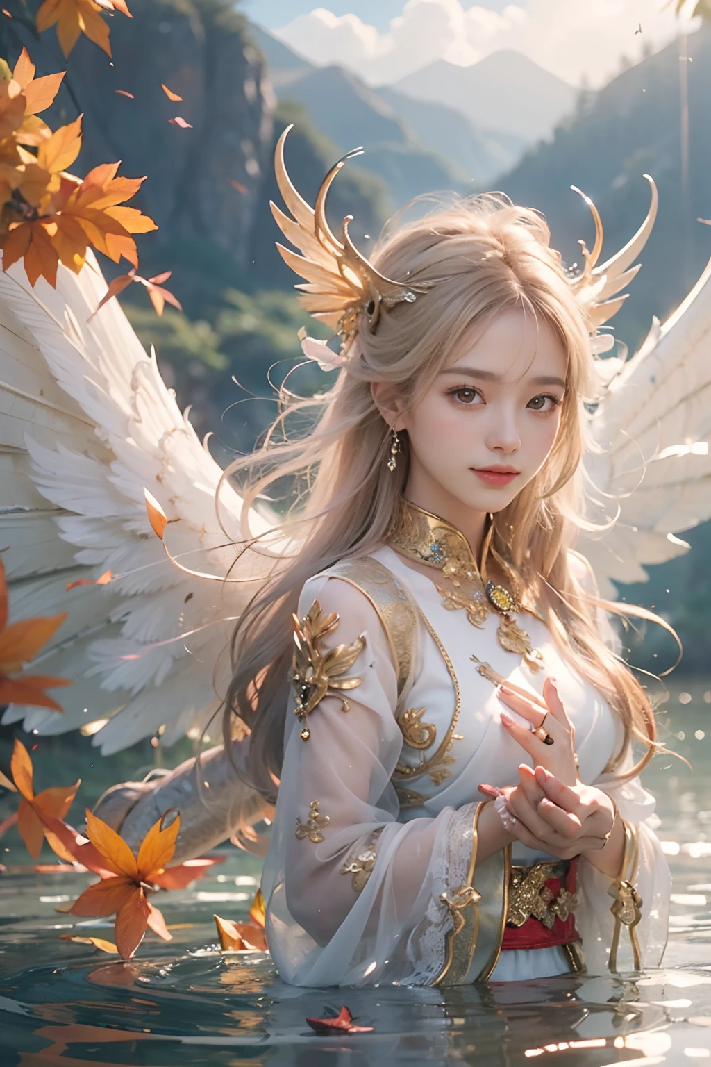 Dragons in Chinese mythology,(Portrait of an angel and a dragon god:1.3,)(Sheer and revealing white fluffy outfit:1.3, ),(Angel with glass wings floating above lake:1.3), (A glass dragon protects angels from behind:1.3),shiny light brown and orange striped hair,,,,,,Cute smile,Perfect round face,A cheerful smile that makes the viewer happy,Proper body proportion,masutepiece,Super high-quality output images,hight resolution,Intricate details,Hair fluttering in a very delicate and beautiful wind,photos realistic,Dreamy,Professional Lighting,realistic shadow,Beautiful hands,Beautiful fingers,Detailed finger features,detailed clothes features,Detailed hair features,detailed facial features,