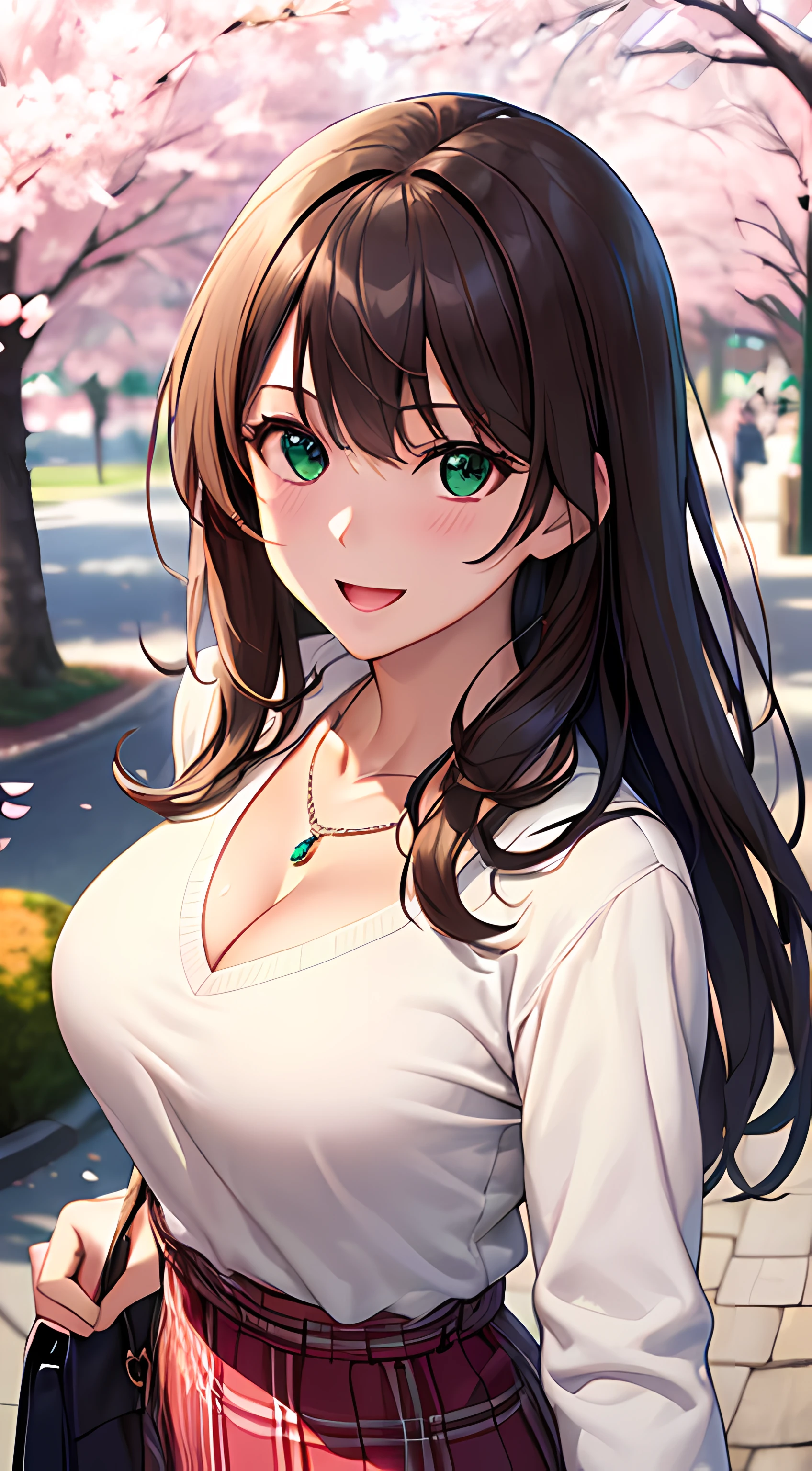 Anime girl with long brown hair and green eyes standing in front of a ...