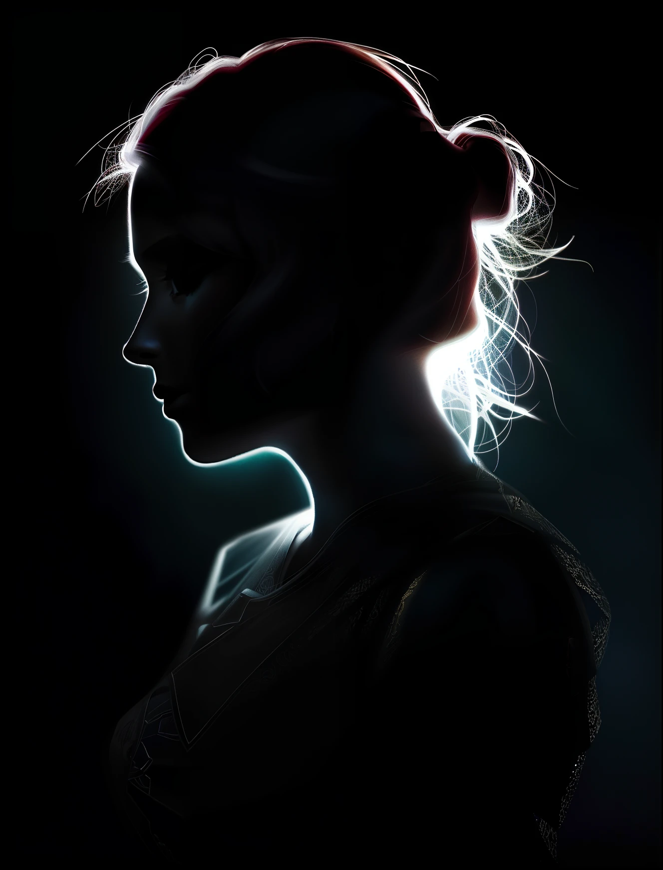 (Best quality,A high resolution,Masterpiece:1.2),Ultra-detailed,(Realistic,Photorealistic,photo-realistic:1.37),backlit portrait,Darkroom portrait,Close-up of a woman with hair,Darkroom scene,The traits of a mysterious woman,outlined silhouettes,Backlit hair,Girl with glowing lens halo,High-contrast portraits,dramatic backlight,light falling on face,mysterious portrait,Woman in silhouette,Ethereal backlit hair