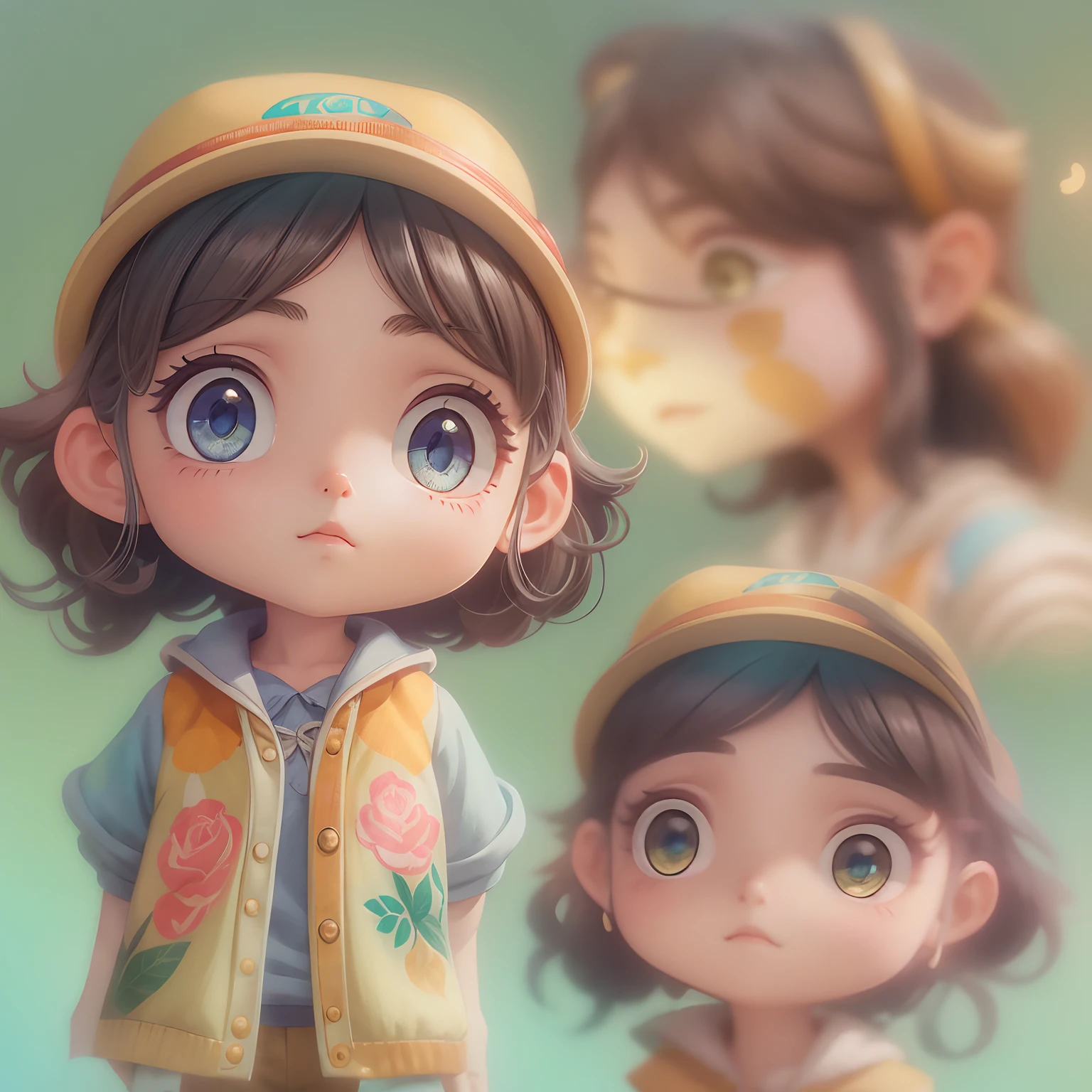 close up de um personagem de desenho animado, feminino, 4 DG, full view, wide view Digital illustration of a cute character stylized fantasy studio style ghibli, fofo, photoreal render, estilo pixar, ultra detalhado, Intricate, full shot, tiro de corpo inteiro, vista frontal, Facing the camera squarely, frontal angle, olhos grandes e bonitos, adolable, bonito e peculiar, efeito de aquarela, retro aesthetic, adolable, extravagante, suave, soft-lighting, illustration detailed, arte vetorial 3d, design de camiseta, cores tetradicas pastel, efeito graffiti,