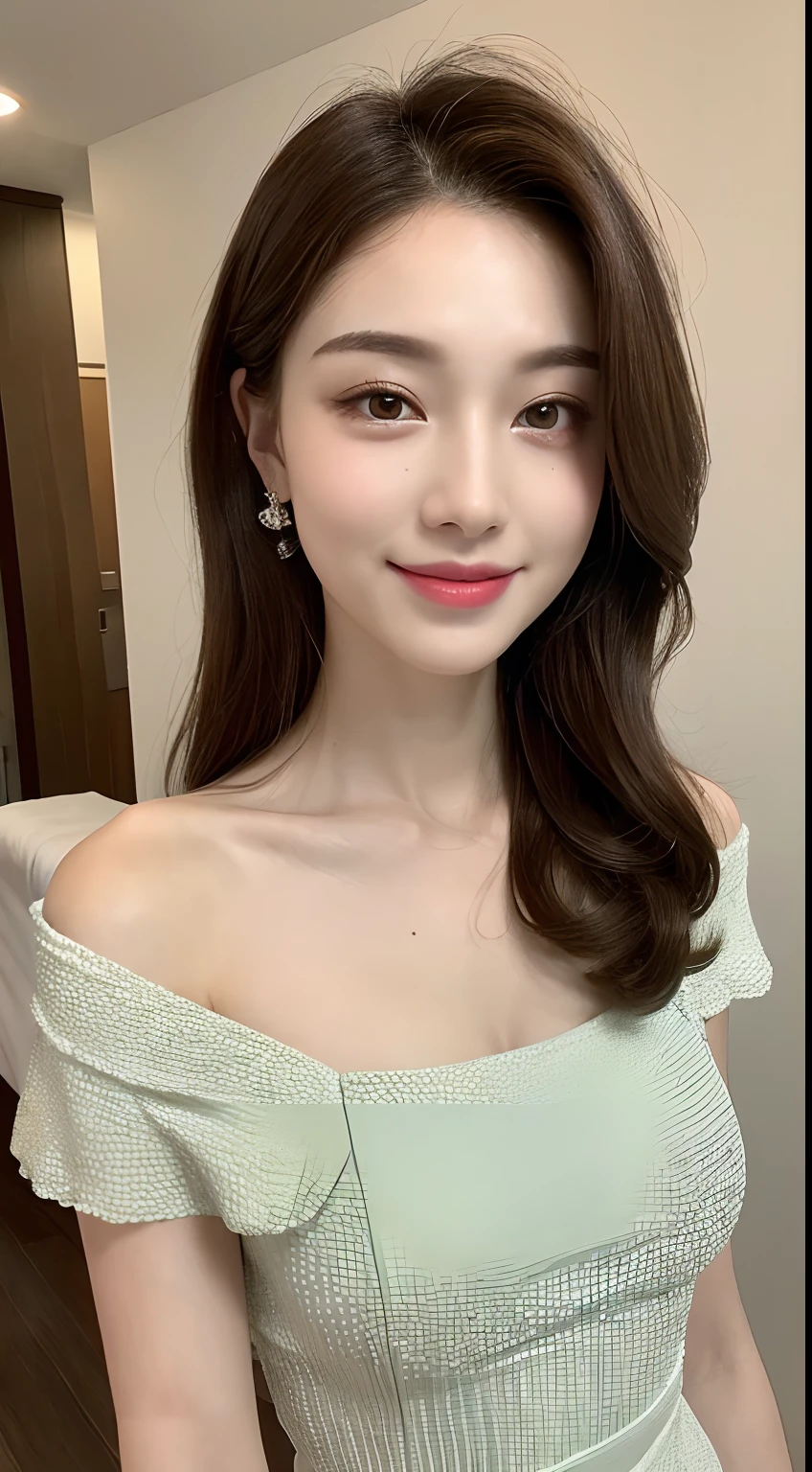 (Best quality, 8K, masterpiece:1.3)) , (one person: 1.4), 1girl, a Korean woman, a goddess, 25 years old, portrait photography, high contrast, God perspective, aperture F1.2, focal length 24mm, ( Full body: 1.2), smile, pose for photos, fine lace, slip dress, simple cut dress, brand dress, simple cut, long black hair, hair tied up, super detailed skin details, detailed fabric texture