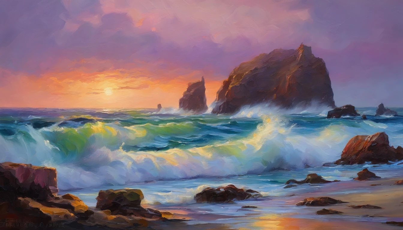 A vibrant seascape scene capturing the raw power of the ocean with waves crashing dramatically upon rugged reefs. Beautiful end of the day sky with purple and pink shades. Realistic sea waters and rock formations. Expressionist light and shadow. Hyperrealistic oil on canvas. Detailed, intricate artwork.