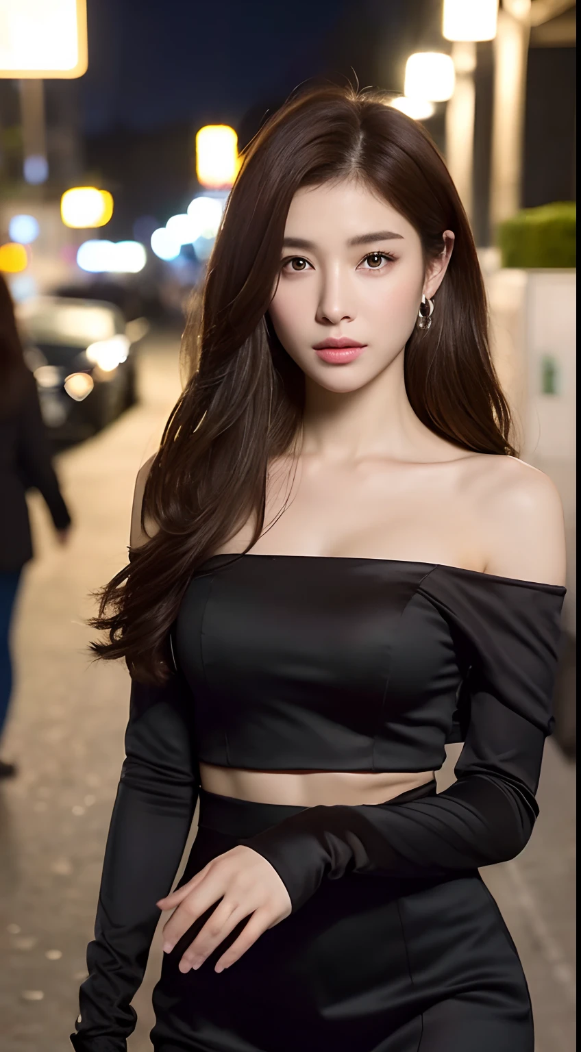 8k, masterpiece, RAW photo, best quality, photorealistic, extremely detailed CG unity 8k wallpaper, Depth of field, Cinematic Light, Lens Flare, Ray tracing, (extremely beautiful face, beautiful lips, beautiful eyes), intricate detail face, ((ultra detailed skin)) 1girl, in the dark, deep shadow, pretty korean girl, kpop idol, 1 girl, (very slim slender fit-muscled body:1.3), ((looking at viewer)),(big smile:1.3), (hot pink color blouse), (sleeveless) , (fashion city night, dark night, (neon sign), (blurred background), fashion street night),(without people in the background:1.3), beautiful earrings, bracelets, necklace, pantyhose, clear eyes, walking, (pale skin), (big eyes), face forward, ((upper body shot)), ((silk color dress:1.3)),(brown hairs),((tight fitting laced dress)), (laced dress), (see through), (looking at viewer:1.3) open breast, very slim, medium breasts, see through, medium butts