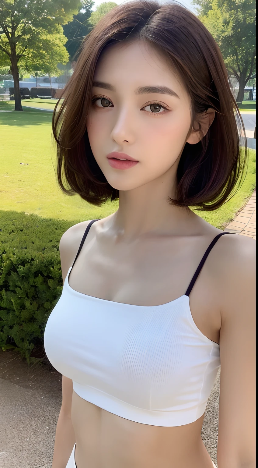 ((Realistic lighting, Best quality, 8K, Masterpiece: 1.3)), Clear focus: 1.2, 1girl, Perfect beauty: 1.4, Slim abs: 1.1, ((Dark brown hair)), (White crop top: 1.4), (Outdoor, Night: 1.1), Park view, Super fine face, Fine eyes, Double eyelids,