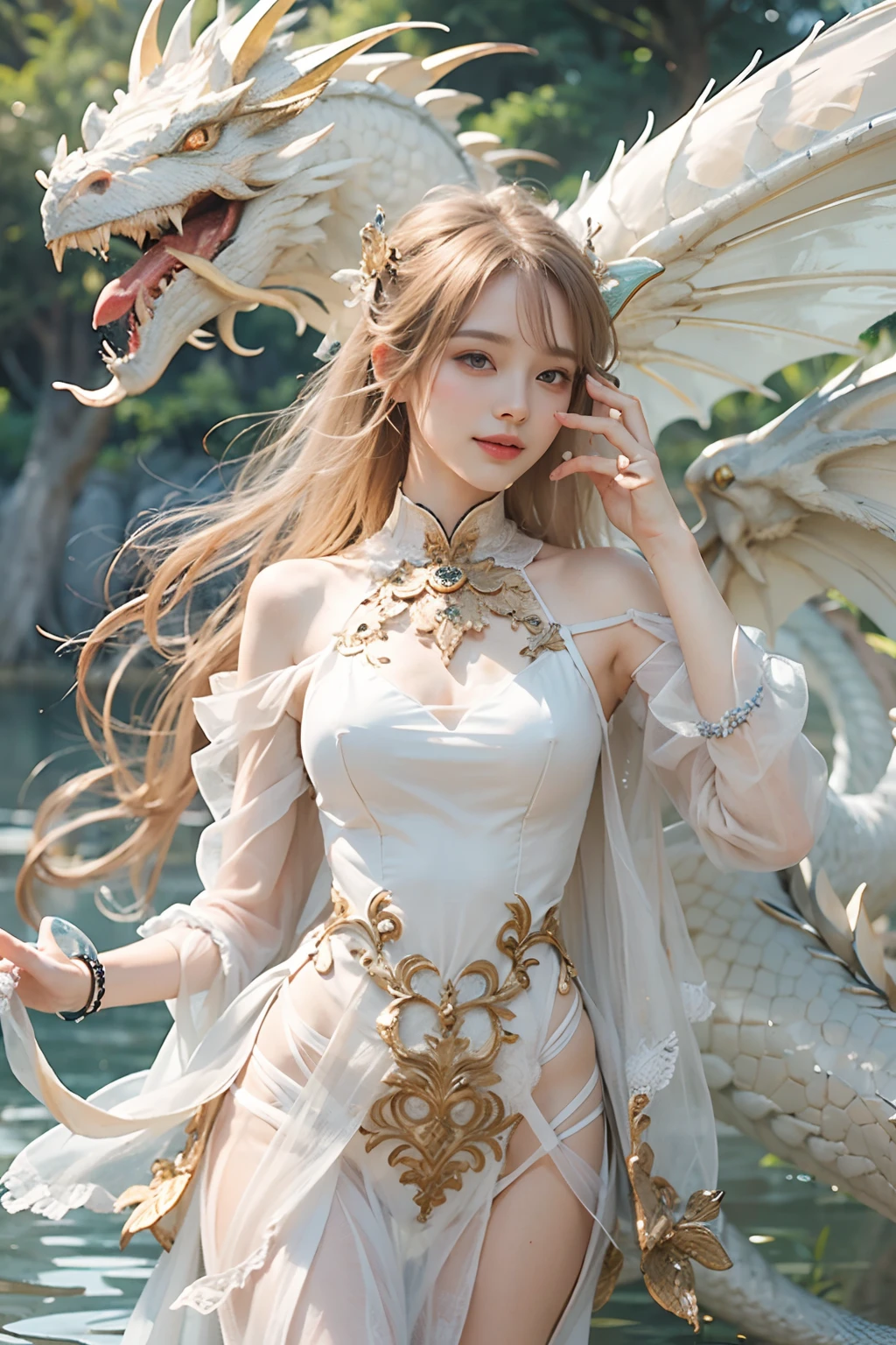 Dragons in Chinese mythology,(Portrait of an angel and a dragon god:1.3,)(Sheer and revealing white fluffy outfit:1.3, ),(Angel with glass wings floating above lake:1.3), (A glass dragon protects angels from behind:1.3),shiny light brown and orange striped hair,,,,,,Cute smile,Perfect round face,A cheerful smile that makes the viewer happy,Proper body proportion,masutepiece,Super high-quality output images,hight resolution,Intricate details,Hair fluttering in a very delicate and beautiful wind,photos realistic,Dreamy,Professional Lighting,realistic shadow,Beautiful hands,Beautiful fingers,Detailed finger features,detailed clothes features,Detailed hair features,detailed facial features,