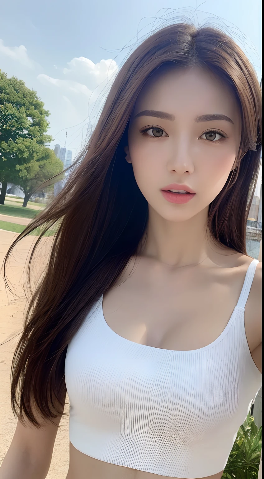 ((Realistic lighting, Best quality, 8K, Masterpiece: 1.3)), Clear focus: 1.2, 1girl, Perfect beauty: 1.4, Slim abs: 1.1, ((Dark brown hair)), (White crop top: 1.4), (Outdoor, Night: 1.1), Park view, Super fine face, Fine eyes, Double eyelids,