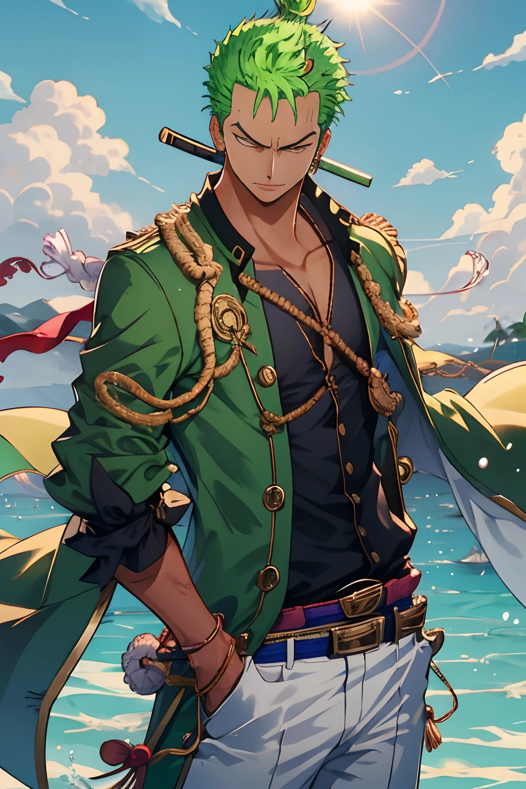 Zoro, sozinho, Olhando para o Viewer, short hair, mangas compridas, , GREEN PIRATE suit jacket, parte superior do corpo, arma, Foco masculino, Roupas japonesas, cabelos verdes, water, de lado, cicatriz, bainha, cicatriz no rosto, Embainhados, slicked back hair
