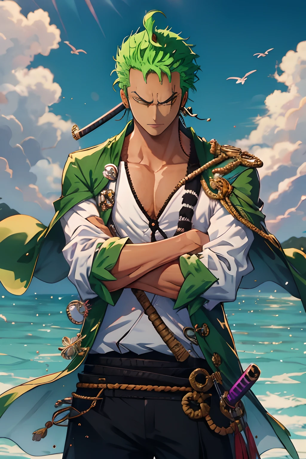 Zoro, sozinho, Olhando para o Viewer, short hair, mangas compridas, , GREEN PIRATE suit jacket, parte superior do corpo, arma, Foco masculino, Roupas japonesas, cabelos verdes, water, de lado, cicatriz, bainha, cicatriz no rosto, Embainhados, slicked back hair