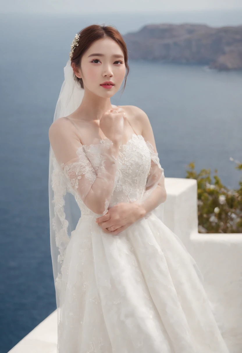 1 beautiful girl, Korean idol, (realism: 1.3) Santorini, front (blue sea), white wedding dress, wedding decoration, masterpiece, diffuse soft light, (portrait), best quality, ( Perfect facial part: 1.4), ultra-realistic high details, complex realistic simulation style photos, movie lighting, elegant posture, (close-up)