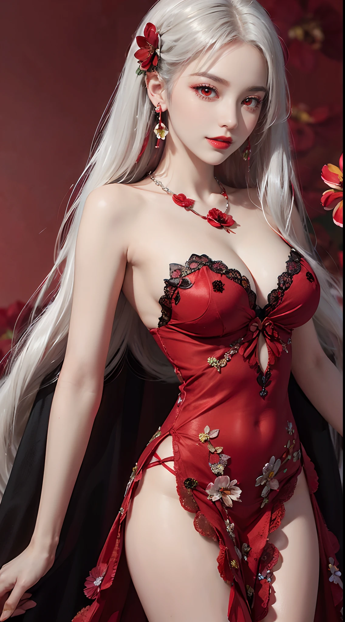 A beautiful and sexy 20 year old girl, ((wearing a super thin red dress:1.8)), a dress with diamonds, ((long platinum hair:1.6)), bangs, jewelry elaborately made from precious stones and beautiful hair, ((wearing a black lace necklace:1.4))), the noble, noble style of an extremely beautiful girl, her small face is super cute, her face is very pretty, thin eyebrows, flawless beautiful face, ((student black eyes: 0.8)), very beautiful eyes, ((light red eyes: 1.5)), nice makeup and eyelashes details, steamy eye makeup, high nose, earrings, red lips, ((closed mouth: 1;5 )) beautiful lips, slim hands, most beautiful thighs, ((arms spread out to the sides: 1.5)) , rosy face, clean face, flawless beautiful face, smooth white skin, (big breasts: 1.5)), ((high breasts: 1.6) ), tight breasts, beautiful cleavage, (((big breasts and super round: 1.8))), ((super tight breasts: 1.7)) , beautiful breasts, back arms, chest out, thin black mesh stockings with black lace trim, 8k photo, super high quality, super realistic, super pixel 10x, optical, bright studio, bright edges, dual-tone lighting, (high-detail skin:1.2), super 8k, soft light, high quality, volumetric lighting, realistic, Resolution photo High resolution, lighting, best photo, 4k, 8k quality, blur effect, Smooth and sharp, 10 x pixels, ((red flower background:1.7)), aurora, lightning, surreal graphics , most realistic graphics, alone, solo, Extremely sharp, surreal images, (((frontal portrait: 1.6)))."