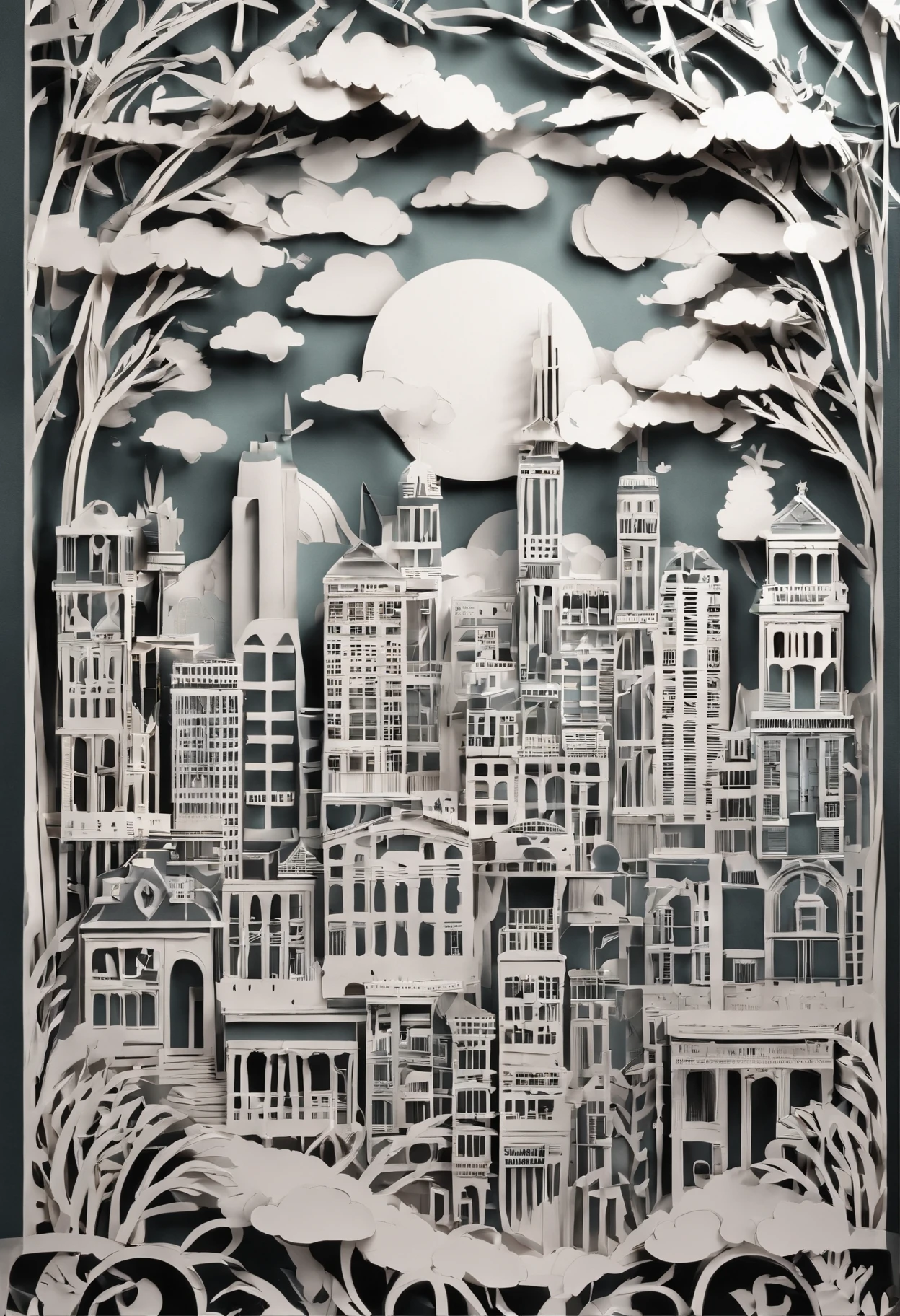 paper cut art, paper craft, multi layer papers, city,