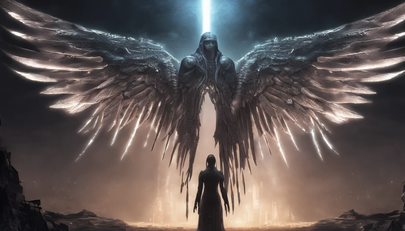 Cosmic Fallen Angel, glowing light eyes, Delicate and beautiful face,Bigchest,Biomechanical, eerie, Dream-like, Very bright colors, Light particles, with light glowing, Mshiv, wallpaper art, UHD wallpaper