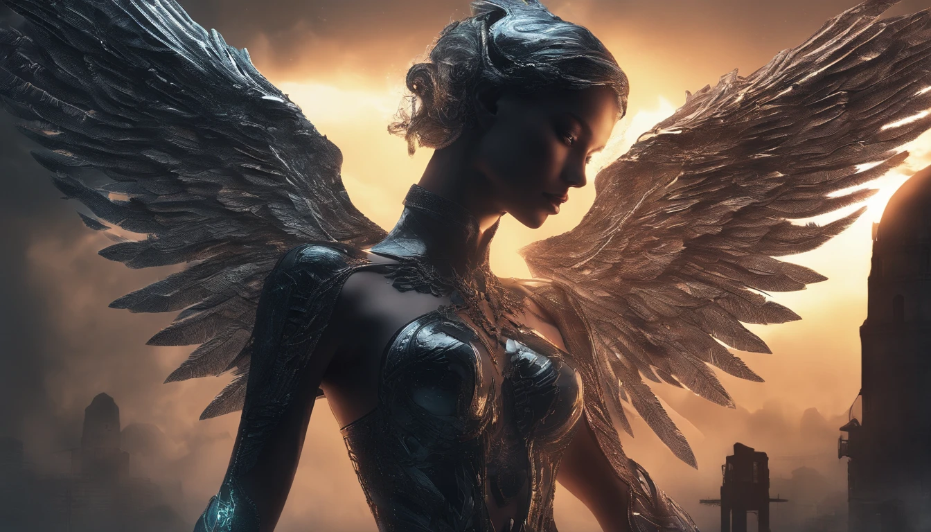 Cosmic Fallen Angel, glowing light eyes, Delicate and beautiful face,Bigchest,Biomechanical, eerie, Dream-like, Very bright colors, Light particles, with light glowing, Mshiv, wallpaper art, UHD wallpaper