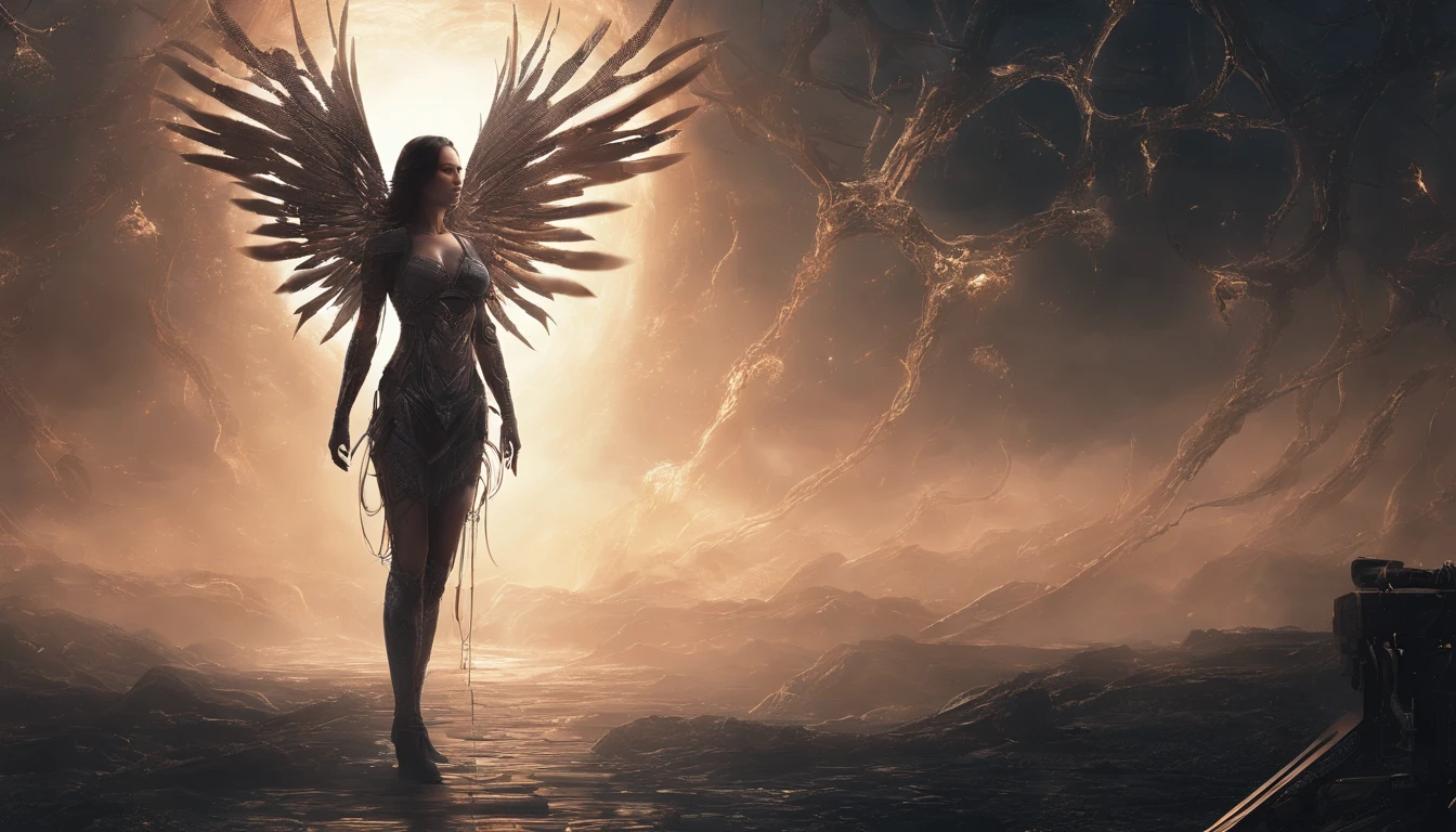 Cosmic Fallen Angel, glowing light eyes, Delicate and beautiful face,Bigchest,Biomechanical, eerie, Dream-like, Very bright colors, Light particles, with light glowing, Mshiv, wallpaper art, UHD wallpaper