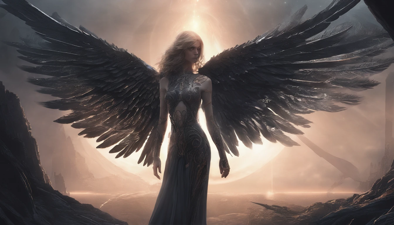 Cosmic Fallen Angel, glowing light eyes, Delicate and beautiful face,Bigchest,Biomechanical, eerie, Dream-like, Very bright colors, Light particles, with light glowing, Mshiv, wallpaper art, UHD wallpaper