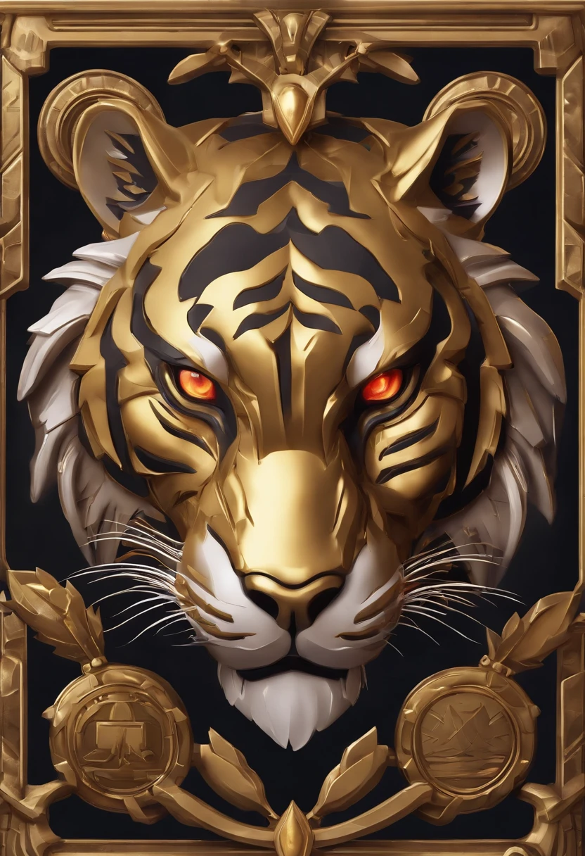 Game medallion with metal tiger head closeup with crown，Close-up of dragon head，hearthstone art style, Hearthstone style art, hearthstone concept art, Riot game concept art, style of league of legends, iconic character splash art, League of Legends crown，Game badge，Surrounding metal feathers，Red gold，c4d渲染，Less detail，less detailing，Huge metal tiger head in the middle