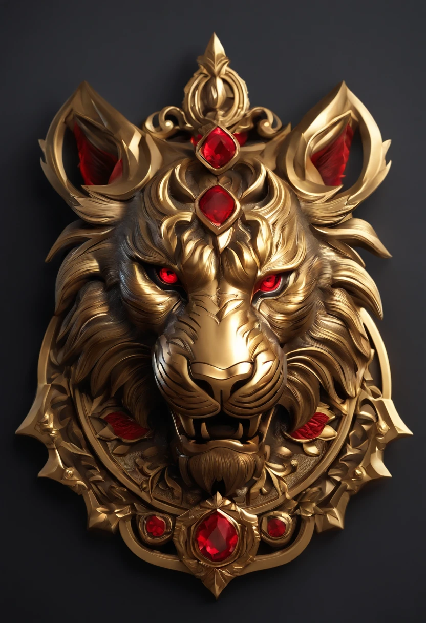 Game medallion with metal tiger head closeup with crown,Close-up of dragon head,hearthstone art style, Hearthstone style art, hearthstone concept art, Riot game concept art, style of league of legends, iconic character splash art, League of Legends crown,Game badge,Surrounding metal feathers,Red gold,c4d渲染,Less detail,less detailing,Huge metal tiger head in the middle