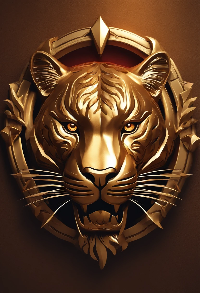 Game medallion with metal tiger head closeup with crown,Close-up of dragon head,hearthstone art style, Hearthstone style art, hearthstone concept art, Riot game concept art, style of league of legends, iconic character splash art, League of Legends crown,Game badge,Surrounding metal feathers,Red gold,c4d渲染,Less detail,less detailing,Huge metal tiger head in the middle