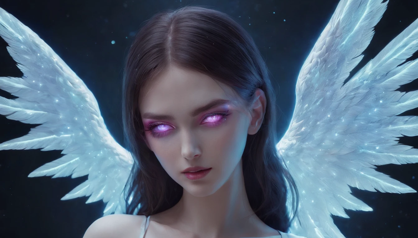 Cosmic Fallen Angel, glowing light eyes, Delicate and beautiful face，Bigchest，Biomechanical, eerie, Dream-like, Very bright colors, Light particles, with light glowing, Mshiv, wallpaper art, UHD wallpaper