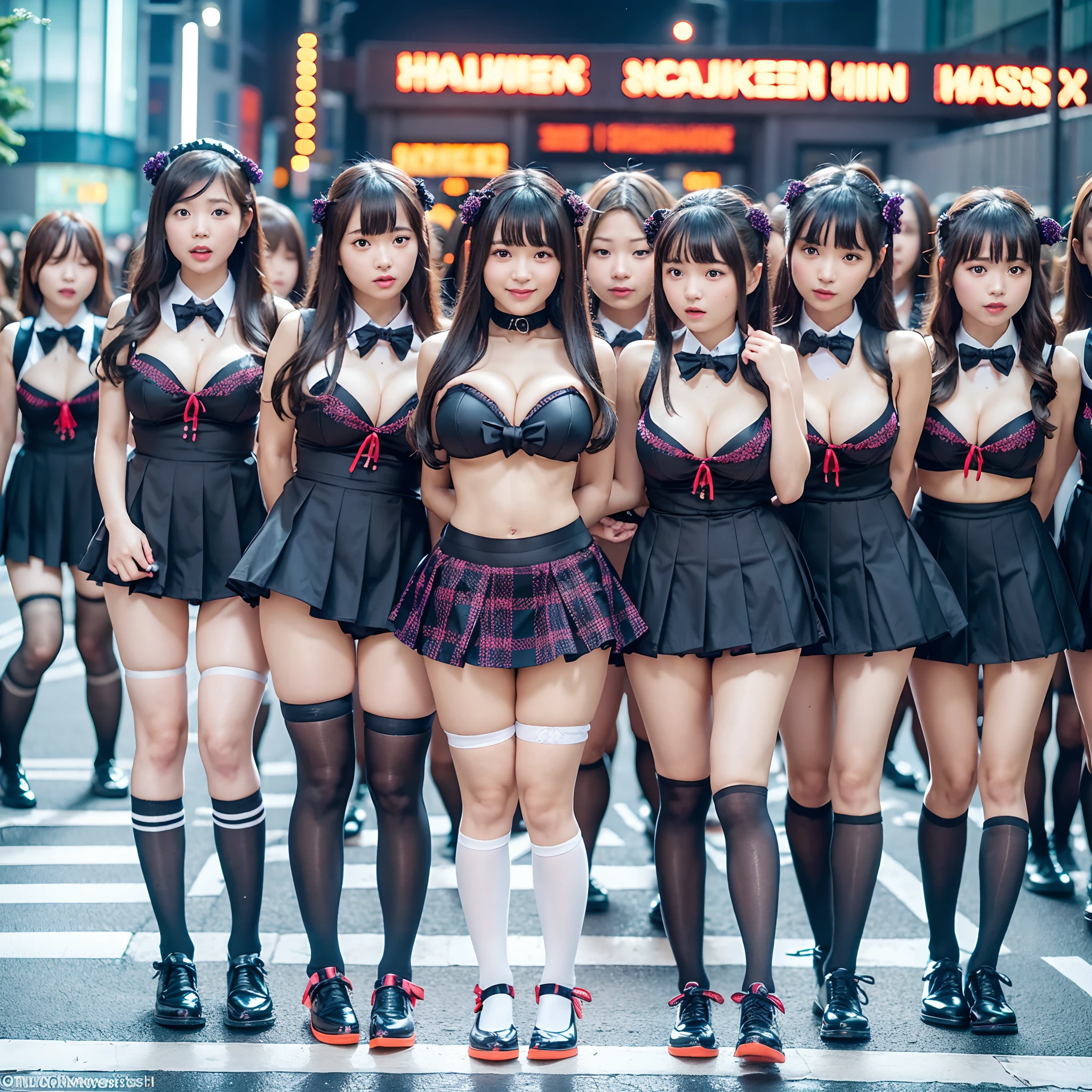 (((SFW, 12 Tiny Girls in a row:1.2, Shibuya Hachiko-mae scramble crossing on Halloween:1.2))), (masterpiece:1.2, best quality, photorealistic:1.37), {(Standing Full Body:1.2)|(from below:1.2)}, short silver hair, {School Uniform|naked bandage|tutu}, (Detailed KAWAII face, Detailed Oily Porcelain skin), {Bustling street|(Passerby schoolgirls)| halloween| neon}, {(Childish:1.2|Gigantic Cleavage:1.37|Underboob:1.2)}, {flower wreath|Red leather high collar}, {Floating hair|Strong wind|Ass focus},{:p|:d|laugh|sparkle|joyful|delighted},extremely Detailed,