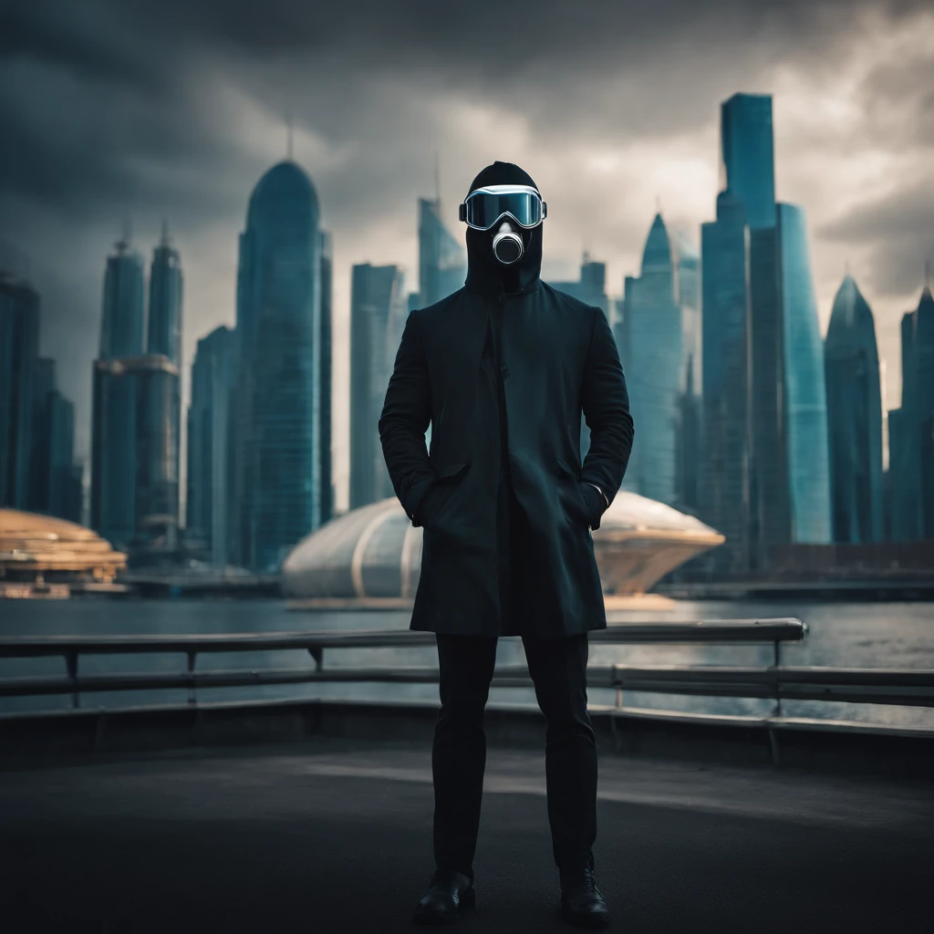 Create a mysterious man with a breathing mask with a background behind a futuristic city. YOUR CLOTHES ARE DARK