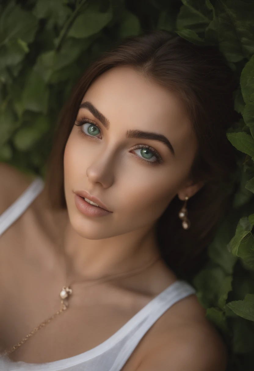 arafed woman with a white tank top and a necklace, sexy girl with green eyes, portrait sophie mudd, brown hair and large eyes, selfie of a young woman, bedroom eyes, violet myers, without makeup, natural makeup, looking directly at the camera, face with artgram, subtle makeup, stunning full body shot, piercing green eyes, massive cleavage