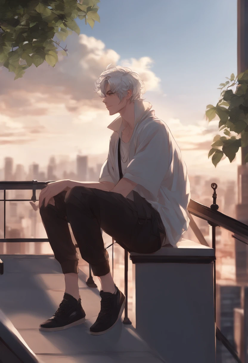 anime boy sitting on the edge of a roof top, style anime, male anime style, anime boy, anime wallpaper, anime aesthetic, handsome anime pose, young anime man, male anime character, high quality anime artstyle, 4k anime wallpaper, handsome guy in demon slayer art, anime style 4 k, anime full body illustration, anime styled, demon eyes, white hair, over sized t shirt, hair parted to one side slightly, messy hair, handsome
