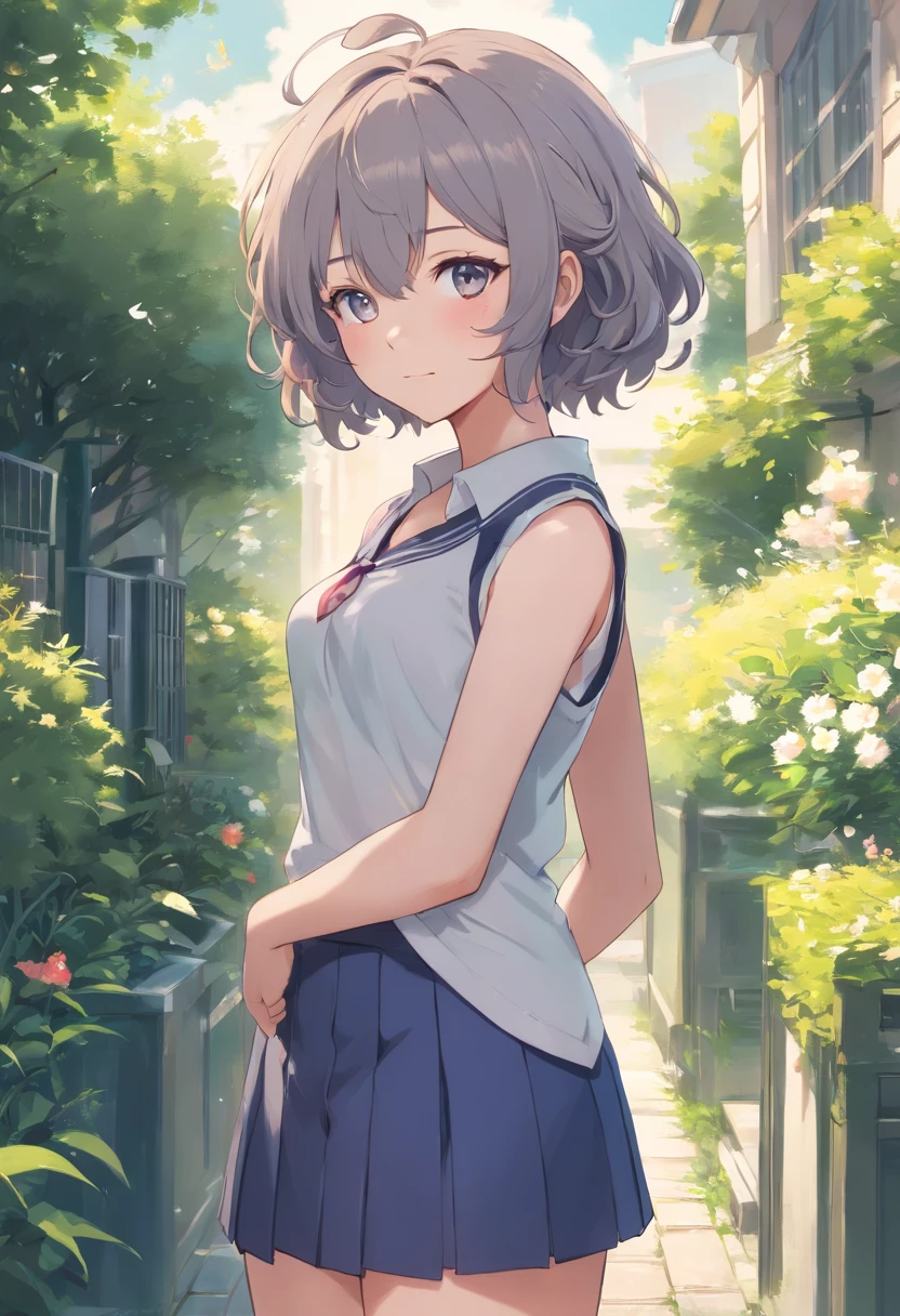 4K、​masterpiece、hight resolution、absurderes、Natural Volumetric Lighting And Best Shadows、Cat-eared girl in school uniform standing in garden,  校服, The shirt， skirt by the, smile, 独奏, is standing, School, white shirt, ‎Classroom BREAK, gray hair, short hair, curly hair, gray eyes，(((Sleeveless))) curvy girl, medium breasts, artwork in the style of guweiz, guweiz on pixiv artstation, guweiz on artstation pixiv, guweiz, cute girl, soft anime illustration, Anime visuals of cute girls, Detailed Digital Anime Art