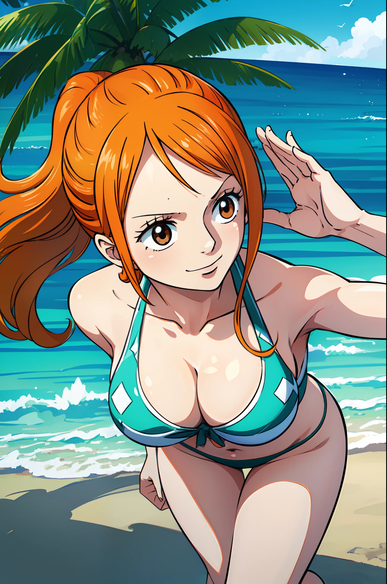 (best quality,ultra-detailed,realistic:1.37),anime art style,Nami from One Piece,brown eyes,orange long ponytail hair,blushing,wearing black bikini,standing on a sandy beach, gentle ocean waves in the background, bright sunlight shining down on her,seagulls flying in the sky,sparkling blue seawater,detailed sand texture on the beach,shadows cast by palm trees, vibrant colors, dynamic pose, playful expression.