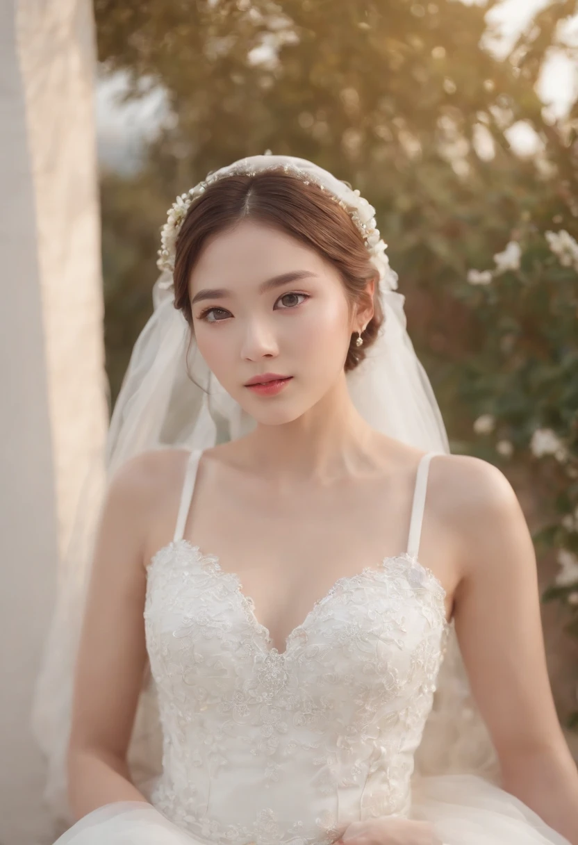 ((girl in perfect body shape)), ((korean bride)), ((white background)), ((Bobhair cut)), ((top-quality)), RAW , ((masterpiece)) , (fujifilm), 16k , (Photorealism), ((c-cup breast)),((beautiful bride)), ((wearing bride crown)) , ((low shot)), ((distant shot)),((facing towards the viewers)), ((full body shot))