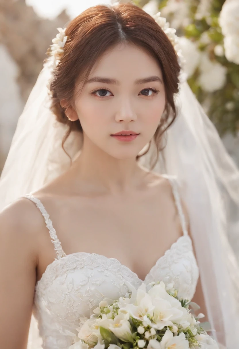 the image reveals a woman at the wedding altar, She is redhead, Has platinum highlights inside your hair, close to the ear. It's clear that your redhead is ink, because your eyebrows are naturally brown. His eyes are brown and his look exudes happiness. She has a satisfied smile without showing her teeth. She has a beautiful white dress and looks at the camera as if she were looking at the groom she loves so much., full of pride in his eyes