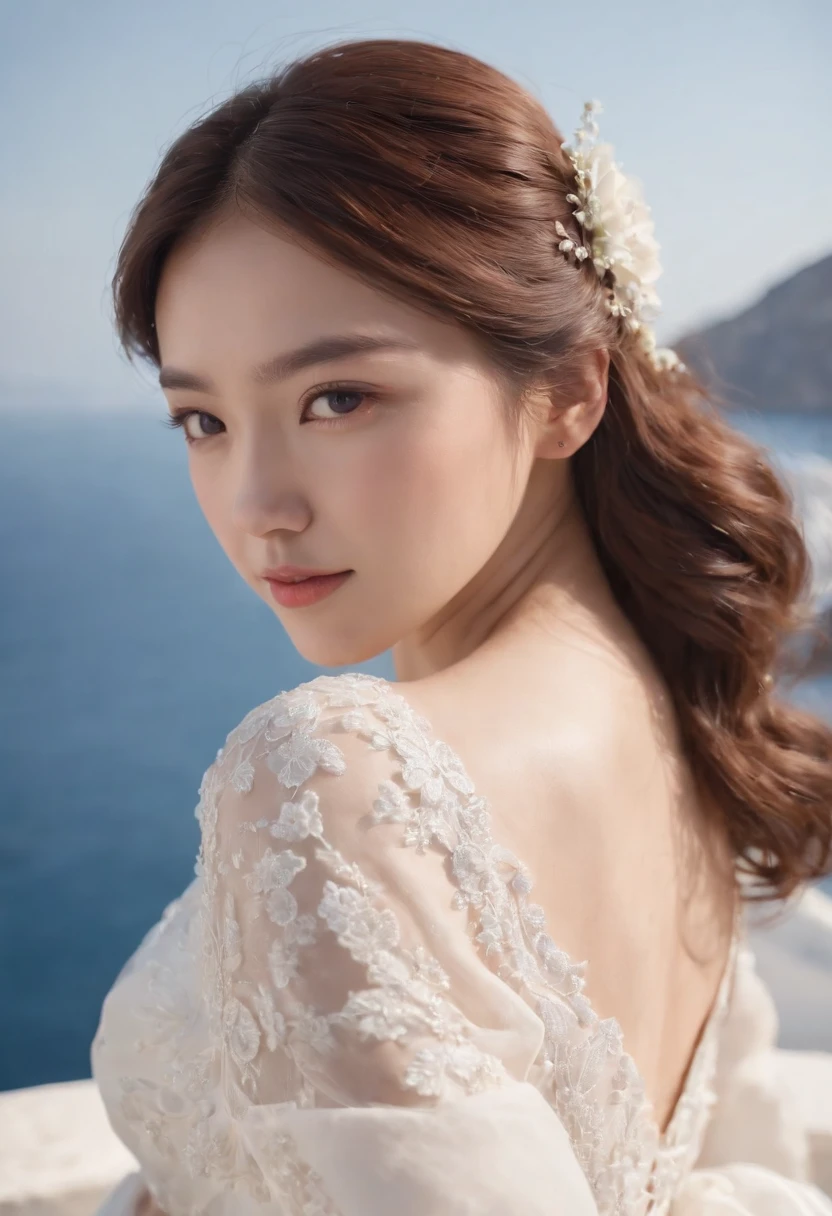 1 Beautiful Girl, Korean Idol, (Reality: 1.3) Santorini, Front (Blue Sea), White Wedding Dress, Wedding Decoration, Masterpiece, Diffuse Soft Light, (Portrait), Best Quality, (Perfect Face Part: 1.4), (Avatar close-up), Ultra-realistic high details, complex realistic simulation style photos, movie lighting, elegant gestures, (close-up)
