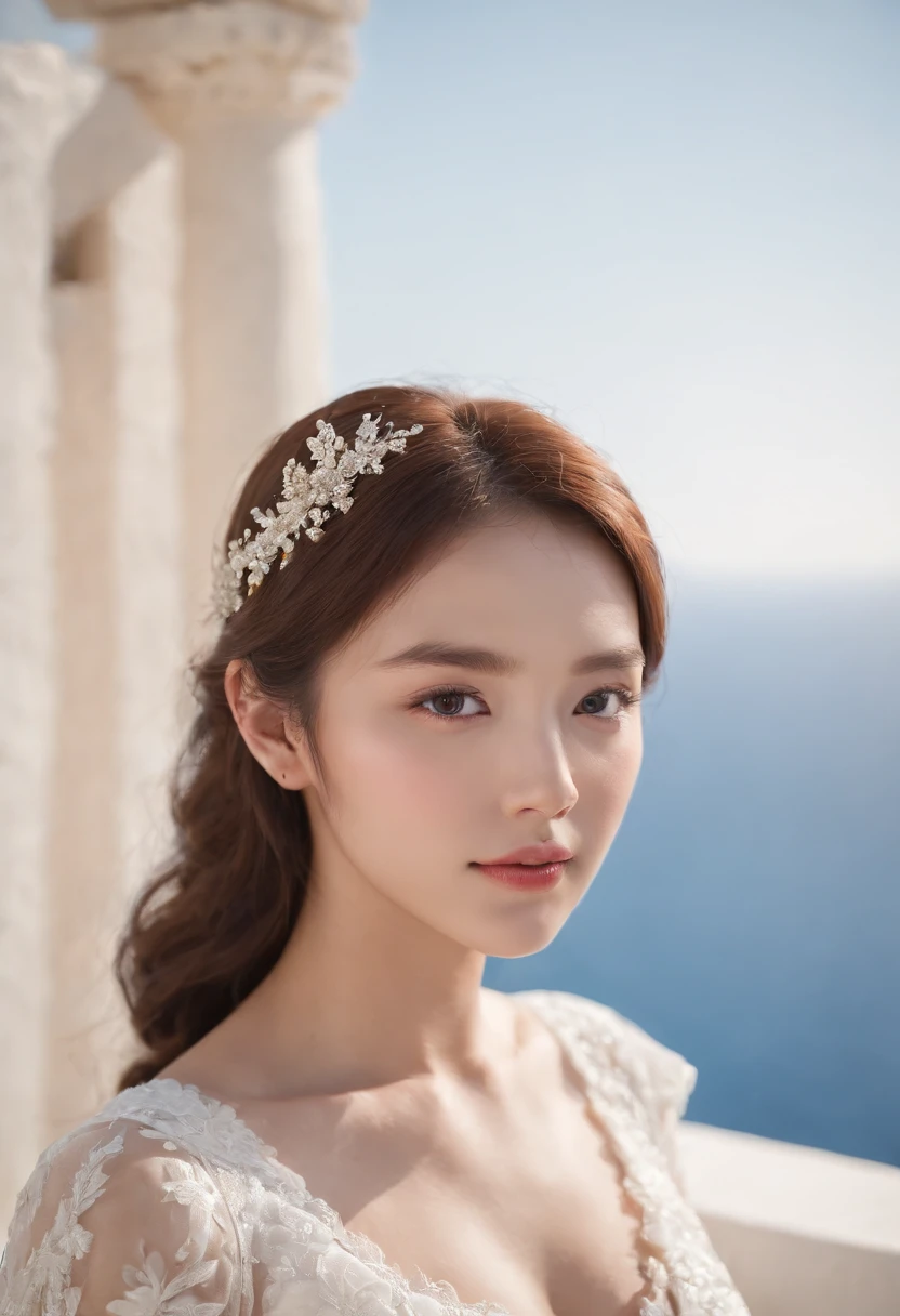 1 Beautiful Girl, Korean Idol, (Reality: 1.3) Santorini, (Blue Sea in the Background), White Wedding Dress, Wedding Decoration, Masterpiece, Diffuse Soft Light, (Portrait), Best Quality, (Perfect Facial part: 1.4), (portrait photo), ultra-realistic high detail, complex realistic simulation style photo, movie lighting, elegant posture, (close-up)