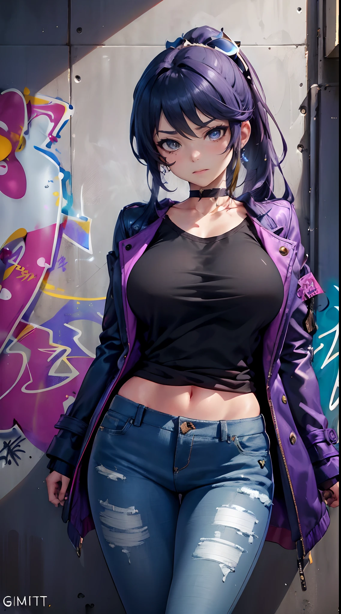 Kujou Sara Genshin Effect, masterpiece, bestquality, 1girls, oversized breasts, bara, Women's suit coat, Long Jeans, choker, (Graffiti:1.5), Splash with purple lightning pattern., arm behind back, against wall, View viewers from the front., Thigh strap, Head tilt, bored, Ponytail, water eyes,