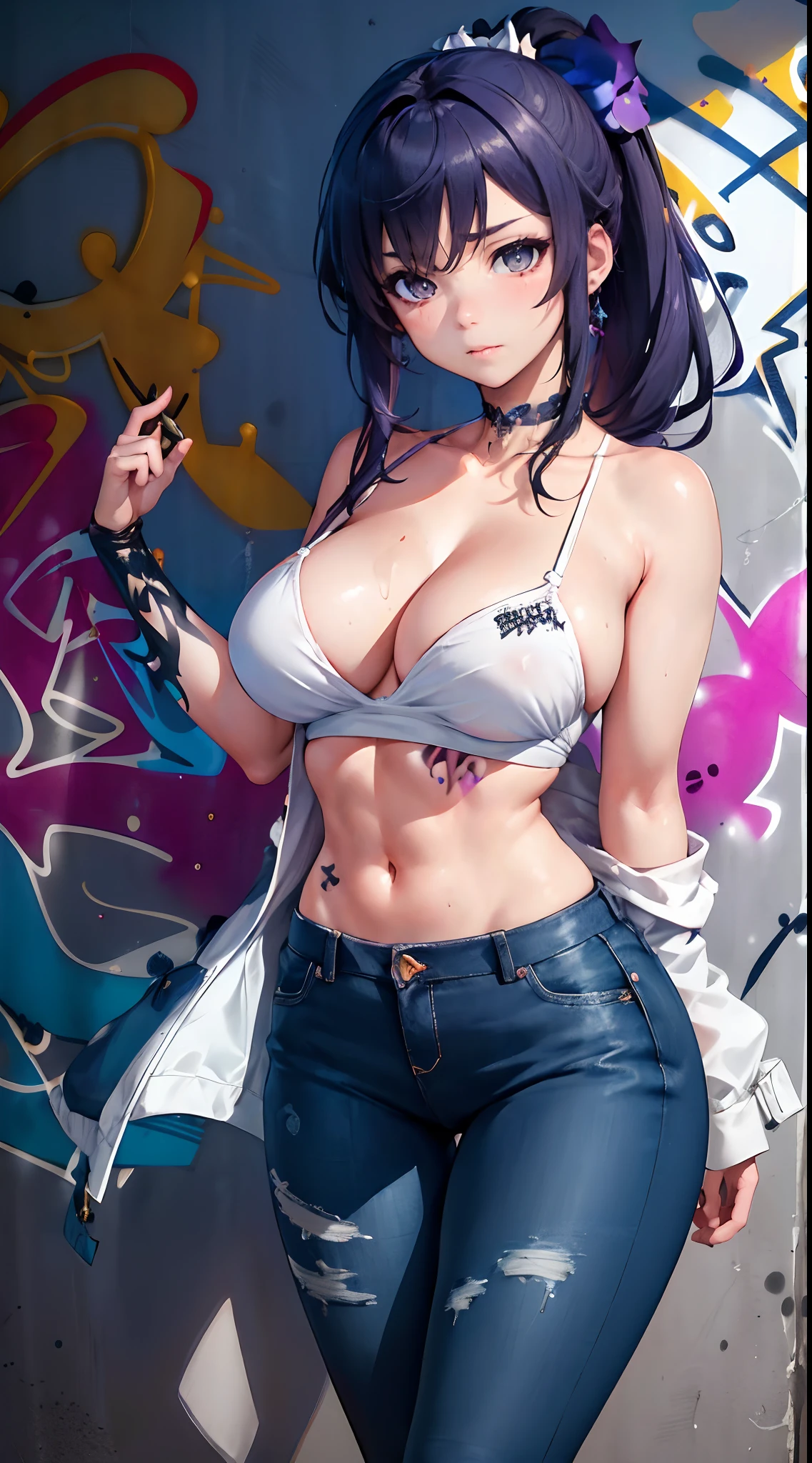 Kujou Sara Genshin Effect, masterpiece, bestquality, 1girls, oversized breasts, bara, Women's suit coat, Long Jeans, choker, (Graffiti:1.5), Splash with purple lightning pattern., arm behind back, against wall, View viewers from the front., Thigh strap, Head tilt, bored, Ponytail, water eyes,