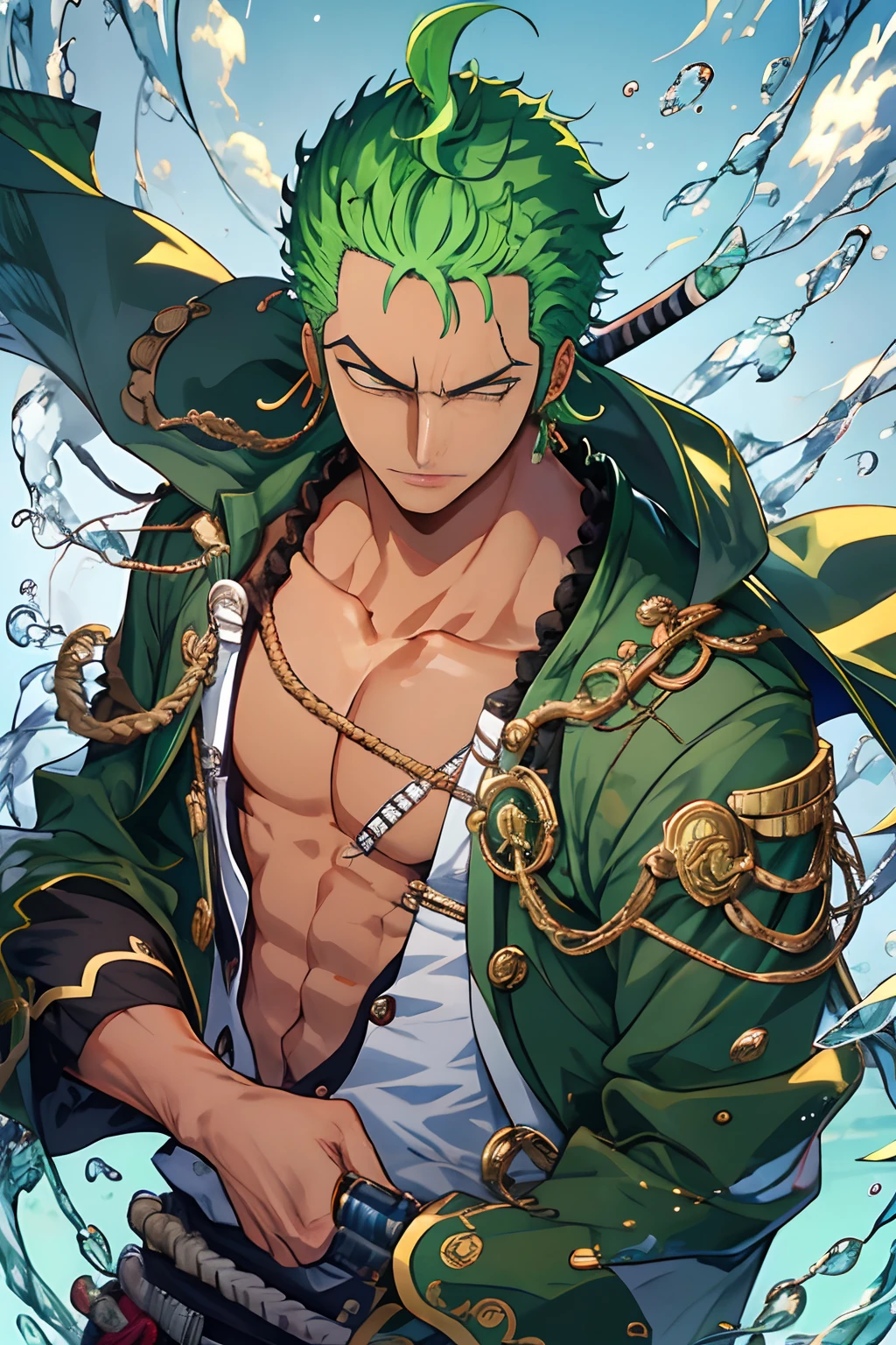 Zoro, sozinho, Olhando para o Viewer, short hair, mangas compridas, 1st grade, GREEN PIRATE suit jacket, parte superior do corpo, arma, Foco masculino, Roupas japonesas, cabelos verdes, water, de lado, cicatriz, bainha, cicatriz no rosto, Embainhados, slicked back hair